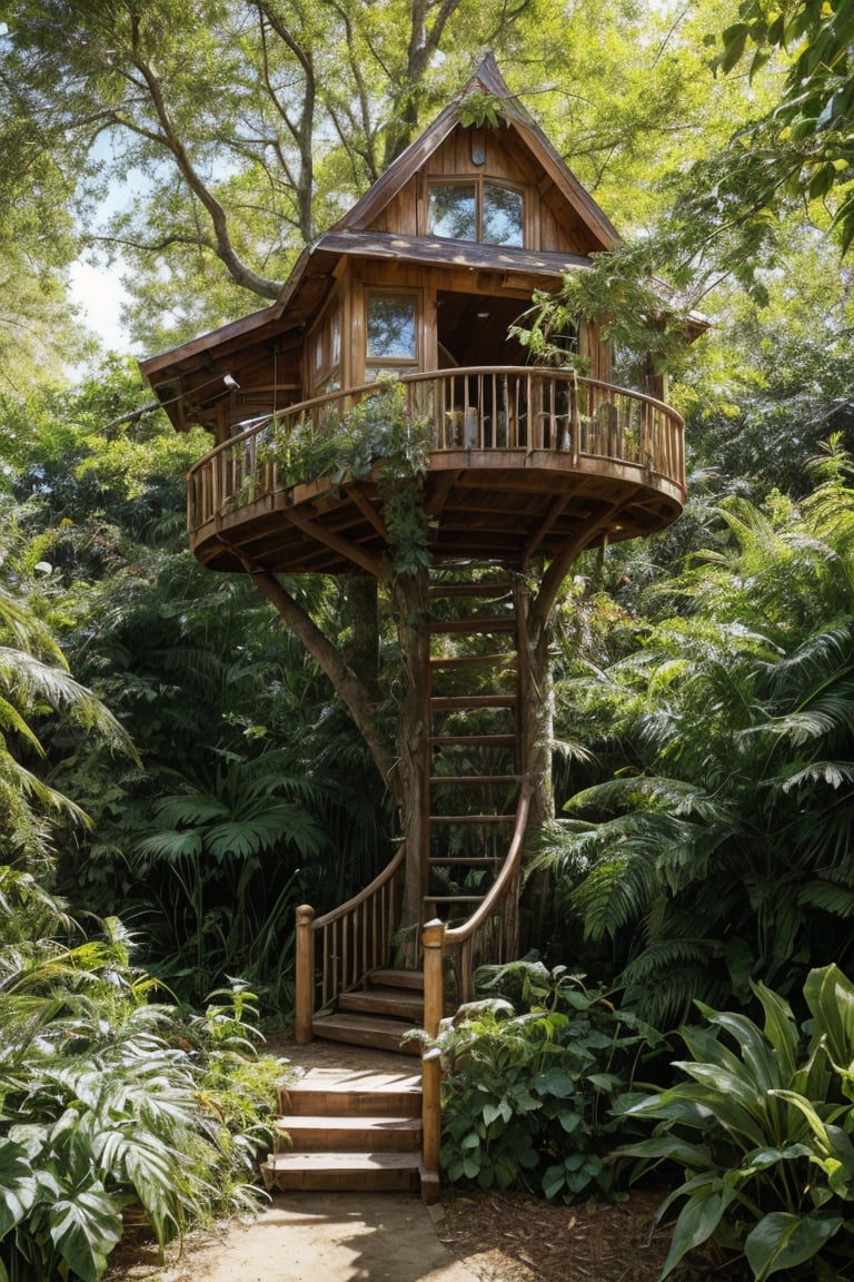 in the jungle, create an image of a big tall busy whimsical treehouse, there are windows and doors, a winding staircase winds up the side of the tree, there are little flower gardens around and grass ,glitter