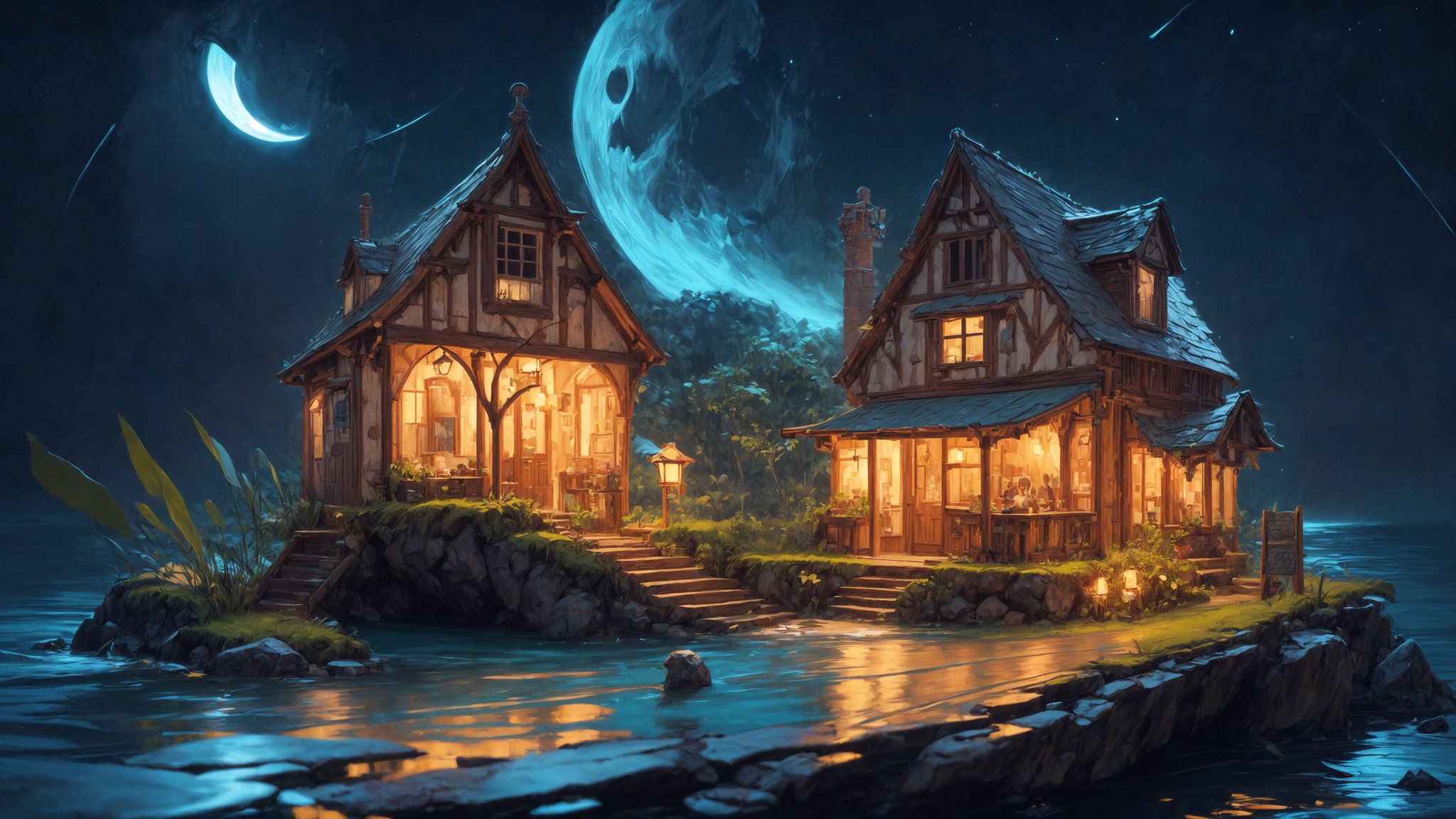 "(((An enchanting artistic rendition of a petite traditional empty village by the sea))), set against the backdrop of a resplendent sunset. (((Dim light:1.4))),The elements, including the charming store, meandering footpaths, and the gentle brook, are portrayed in a stylized, CG format, reminiscent of a fairy tale. The sea glimmers with a myriad of colors, reflecting the fading hues of twilight. The beach is adorned with intricate food art, adding a whimsical touch. Above, the night sky twinkles with stars, creating a dreamlike atmosphere."
(((No_human:1.4)))