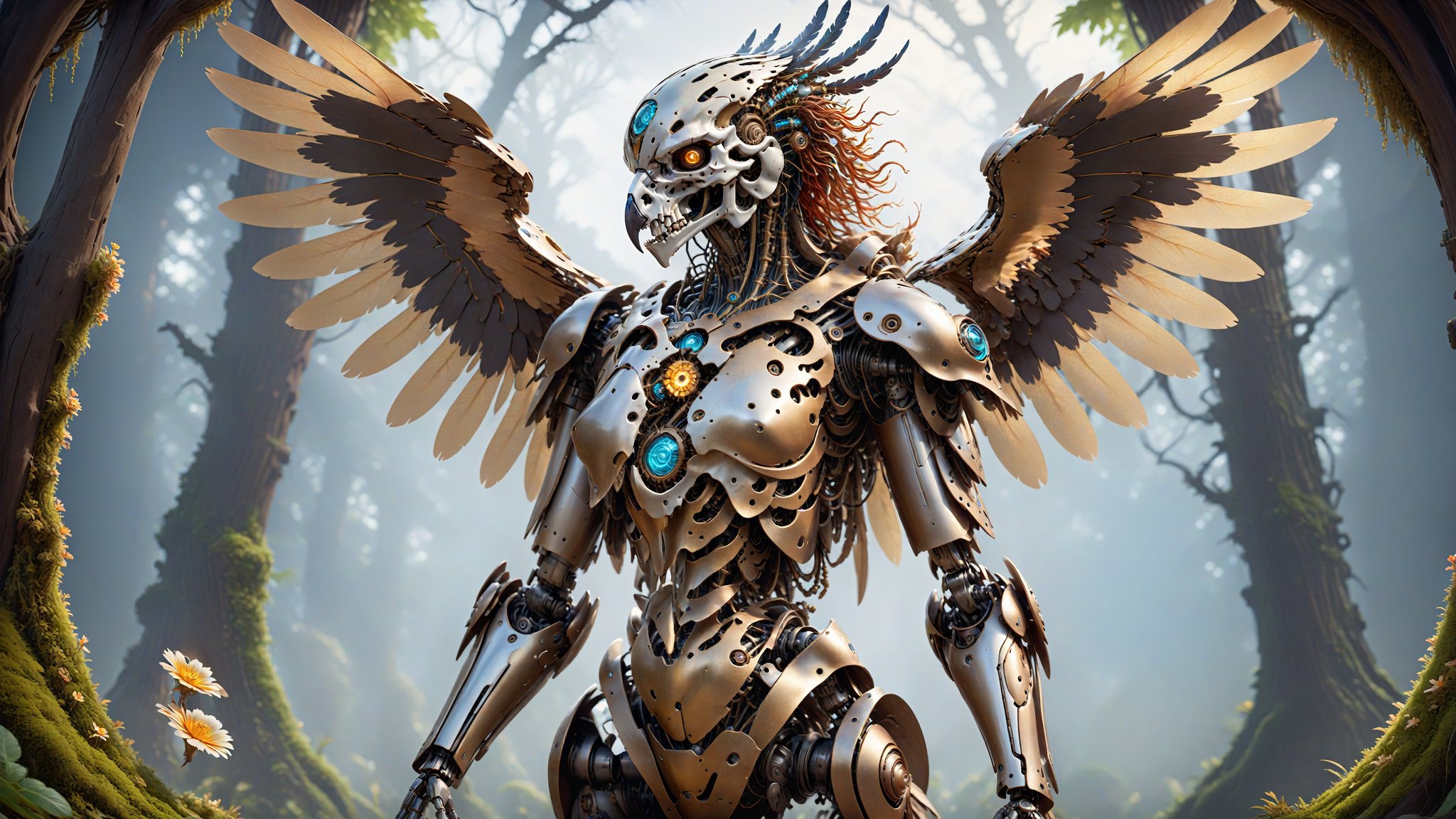 Full body of an eagle, robot steampunk, floral! horizon zero dawn machine, intricate, elegant, highly detailed, ray tracing, digital painting, artstation, concept art, smooth, sharp focus, illustration, art by artgerm and greg rutkowski and alphonse mucha, 8 k  “psychedelic mushroom spores, skull-shaped, Photography, Shot on 70mm, Super-Resolution Microscopy, Exposure, Megapixel, Evil, Nano, Moss, Tremella-Fuciformis, Ray Tracing Reflections, Ray Traced, insanely detailed and intricate, hypermaximalist, elegant, ornate, hyper realistic, super detailed”