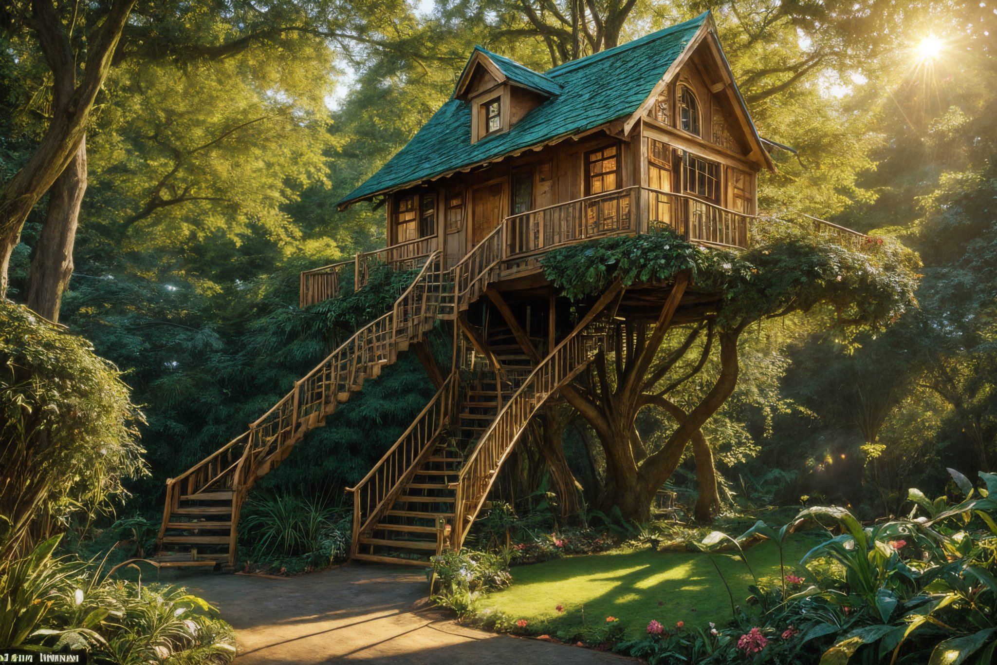 in the jungle, create an image of a big tall busy whimsical treehouse, there are intricate windows and doors, a winding staircase winds up the side of the tree, there are little flower gardens around and grass, vivid color and particle effect sparkles thoughout the dramatically lit golden hour scene ,glitter