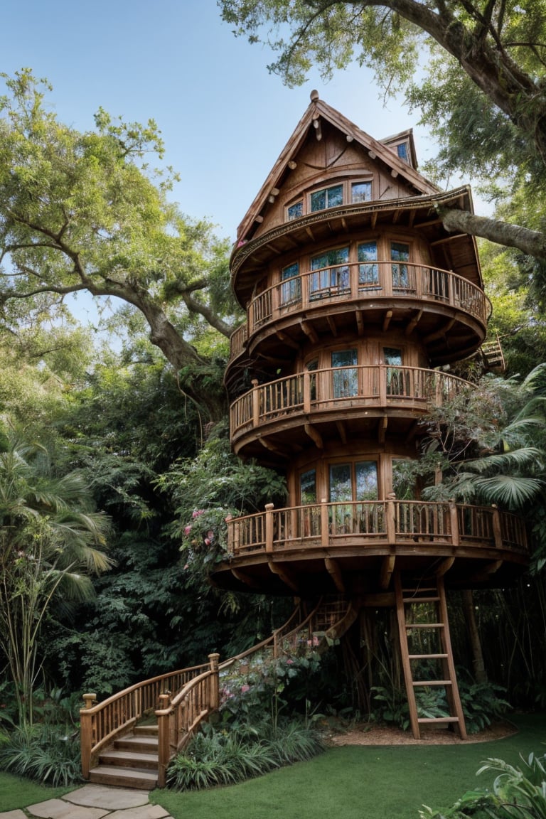 in the jungle, create an image of a big tall busy whimsical treehouse, there are windows and doors, a winding staircase winds up the side of the tree, there are little flower gardens around and grass ,glitter