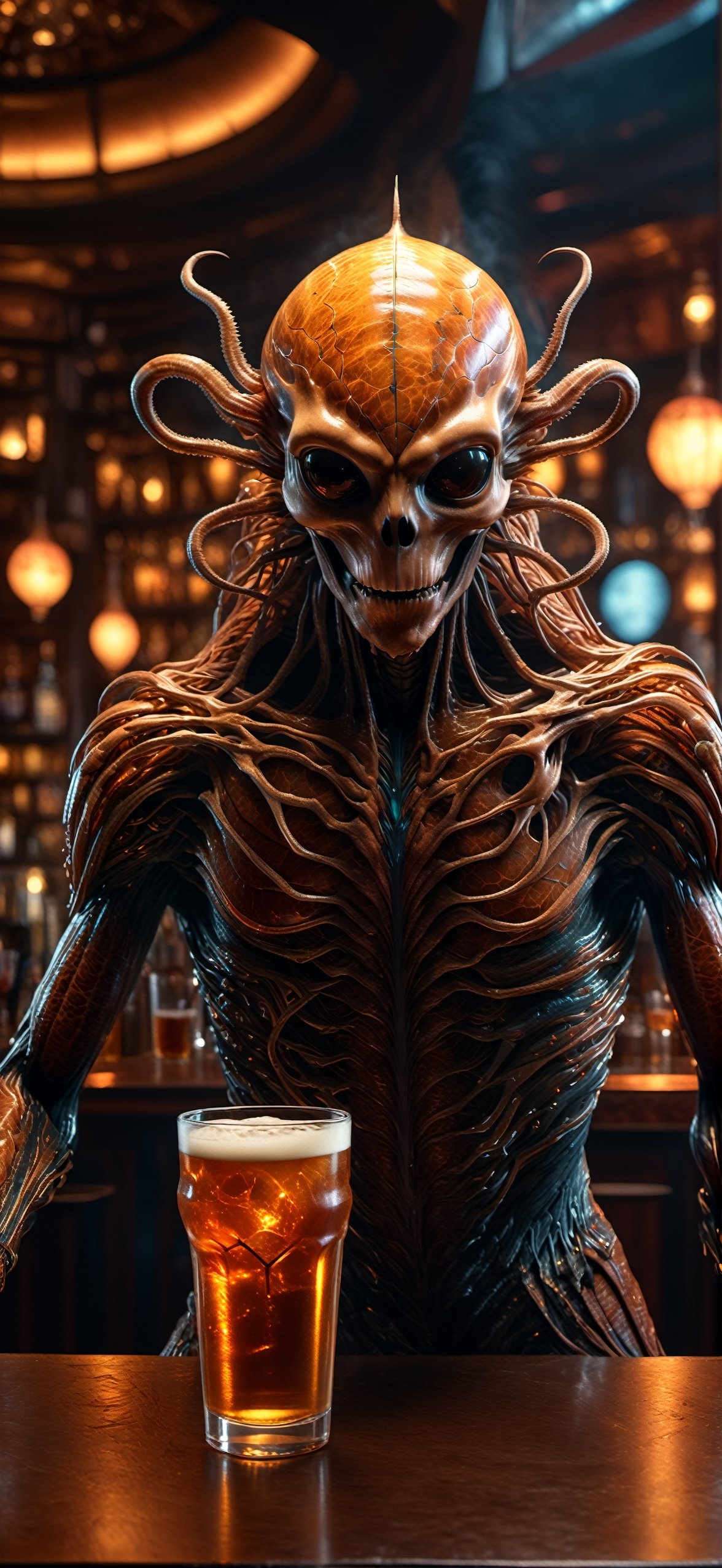 A majestic anthropomorphic mutant arachnid alien stands confidently in a dimly lit bar, holding a glass in hand. Their long hair cascades around their complex facial features and highly detailed skin. Captured through the lens of an award-winning photographer using a Canon 5D and an 85mm F1.4 lens, this full-length portrait radiates photo-realism. The analog RAW captures every intricate detail while the cinematic lighting creates a mesmerizing atmosphere. With leather-like skin textures and sharp focus, the octane rendering and RTX technology bring this visionary masterpiece to life. UHD, HDR, and the use of bokeh further enhance the depth of this highly detailed photography.,HellAI