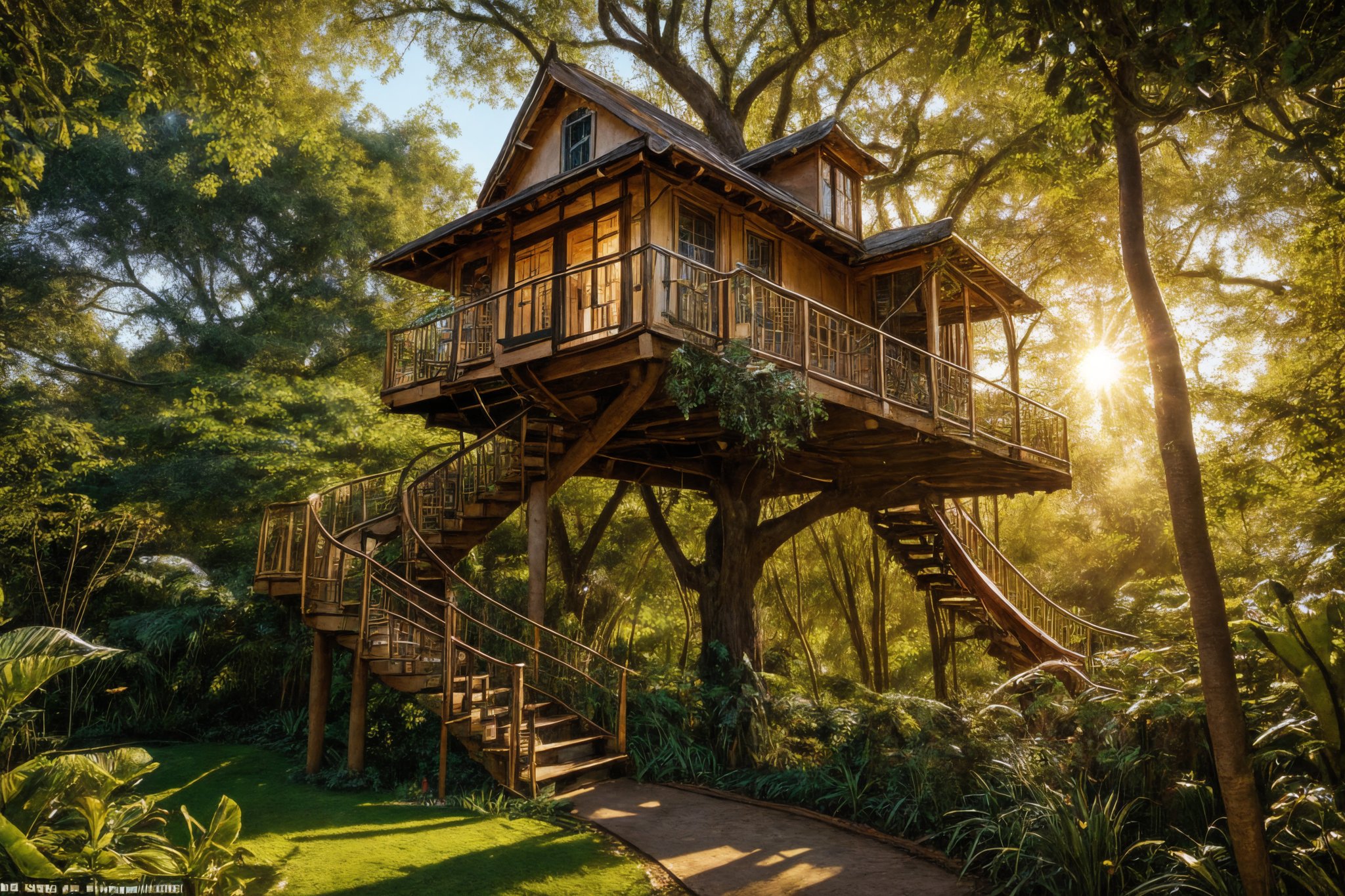 in the jungle, create an image of a big tall busy whimsical treehouse, there are intricate windows and doors, a winding staircase winds up the side of the tree, there are little flower gardens around and grass, vivid color and particle effect sparkles thoughout the dramatically lit golden hour scene ,glitter