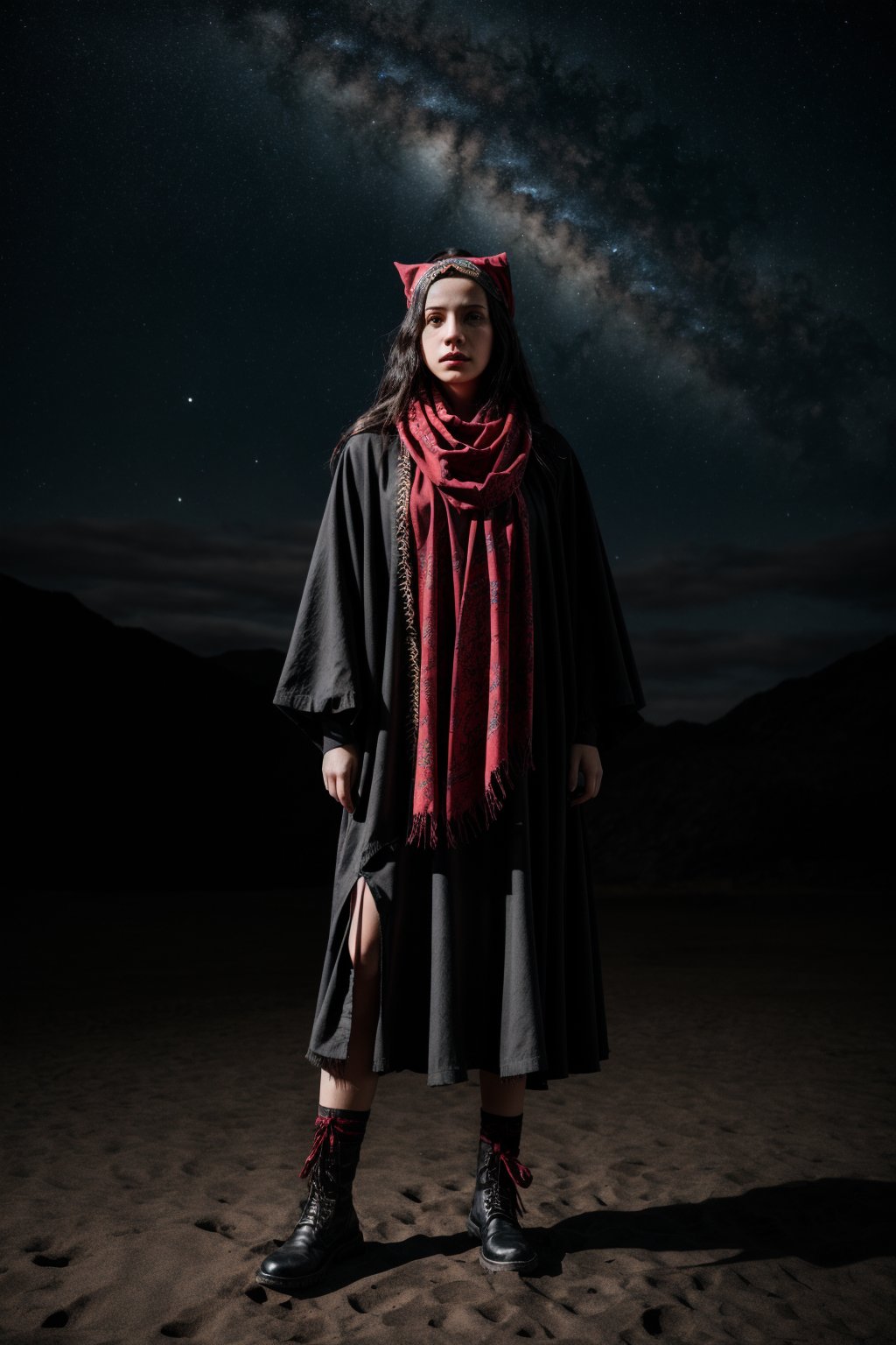  young woman witch, with a black velvet cloth, red bandana on the head, standing, in the cosmic universe, complementary color grading, commercial photography, commercial lighting, photography, realistic