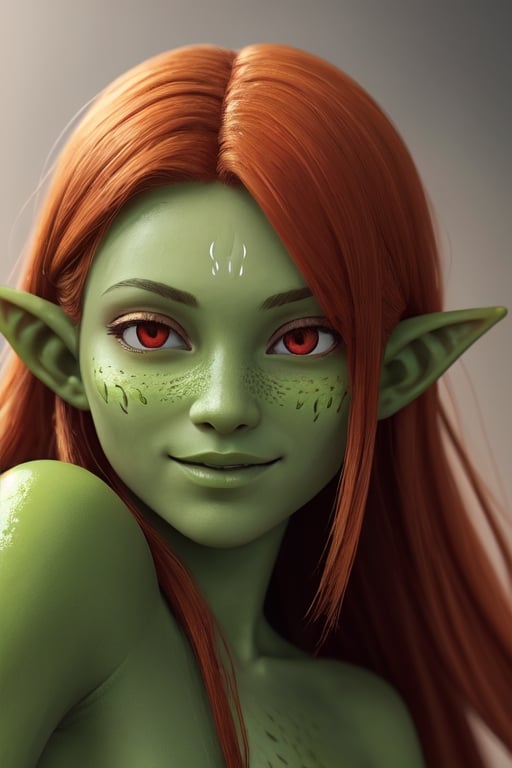 photo of a beautiful dryad girl with (green skin:1.4), (elven pointy ears), (orange hair), (chubby cheecks), [slight smile], (with red realistic eyes), very detailed, parted lips, realistic skin, pores on skin, soft hairs on skin, dynamic lighting, intricate, elegant, vibrant colors, hime hairstyle