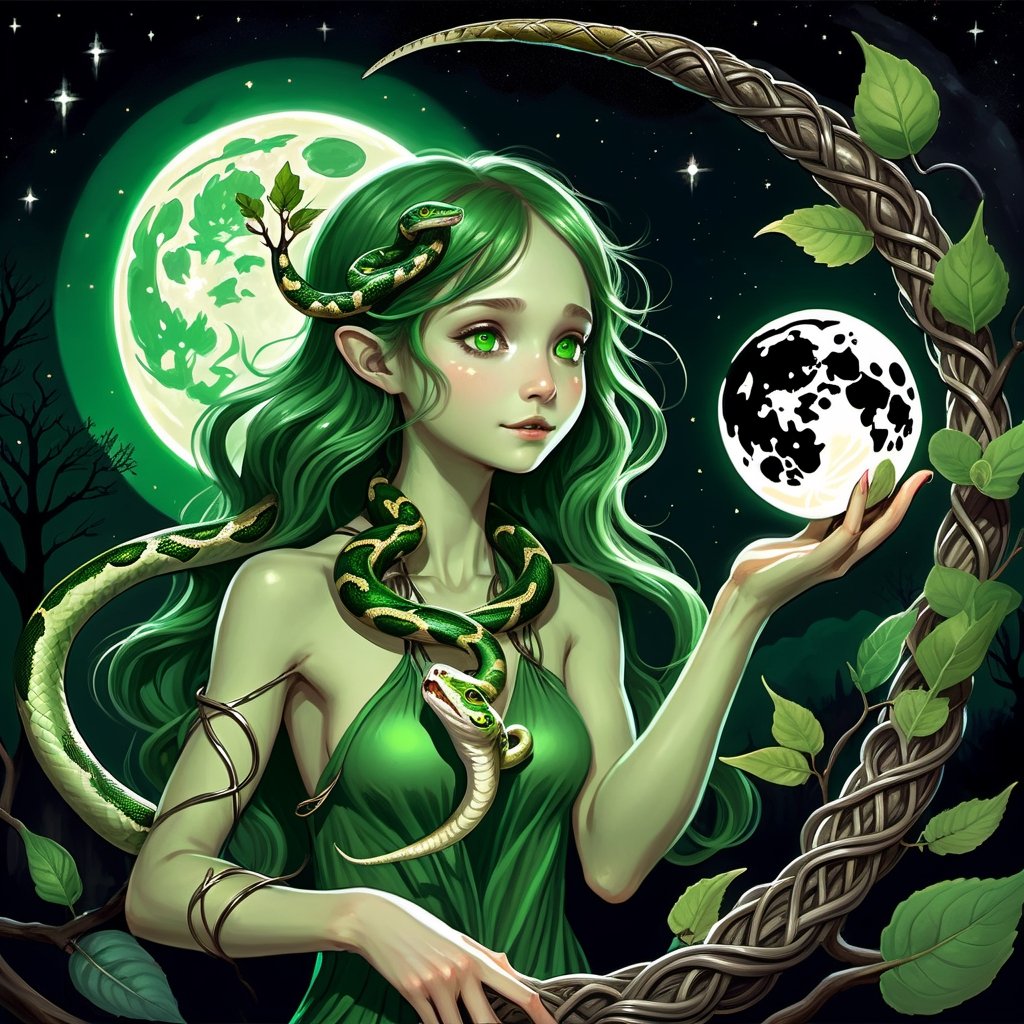 person chasing painting of a cute green skinned dryad girl holding a moon on her hands in the middle of the night, with a snake curled around her neck, high resolution, HDorb of light that is at distance