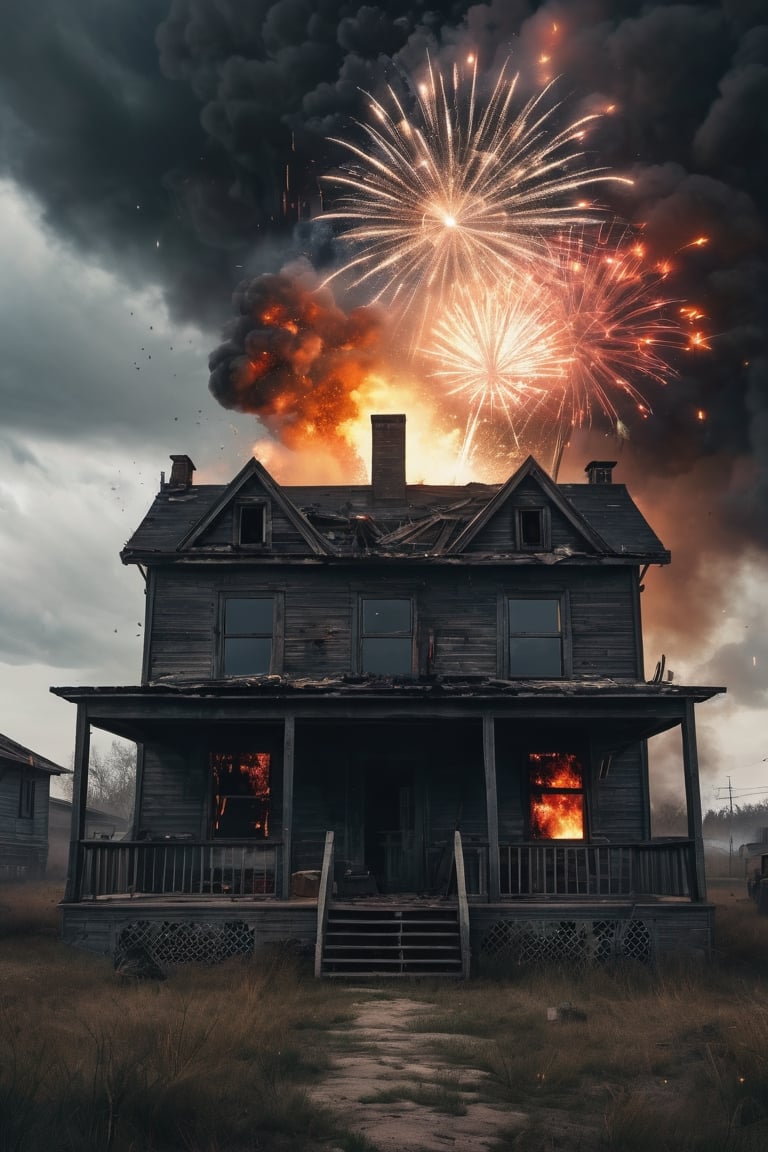 
Post apocalyptic house with lots of fire works in the sky, Dark and gloomy day. muy detallado. 8k. alta calidad. ultra detallada. fotorrealista. Pintura digital