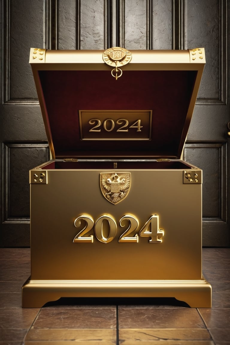 A Photorealistic realistic photo of a incrediblely beautiful gold box ((stamped with "2024")) (((2024))) on the sides, sitting on a table,inside the door of a open vintage style vault, viewed from the outside the vault 
