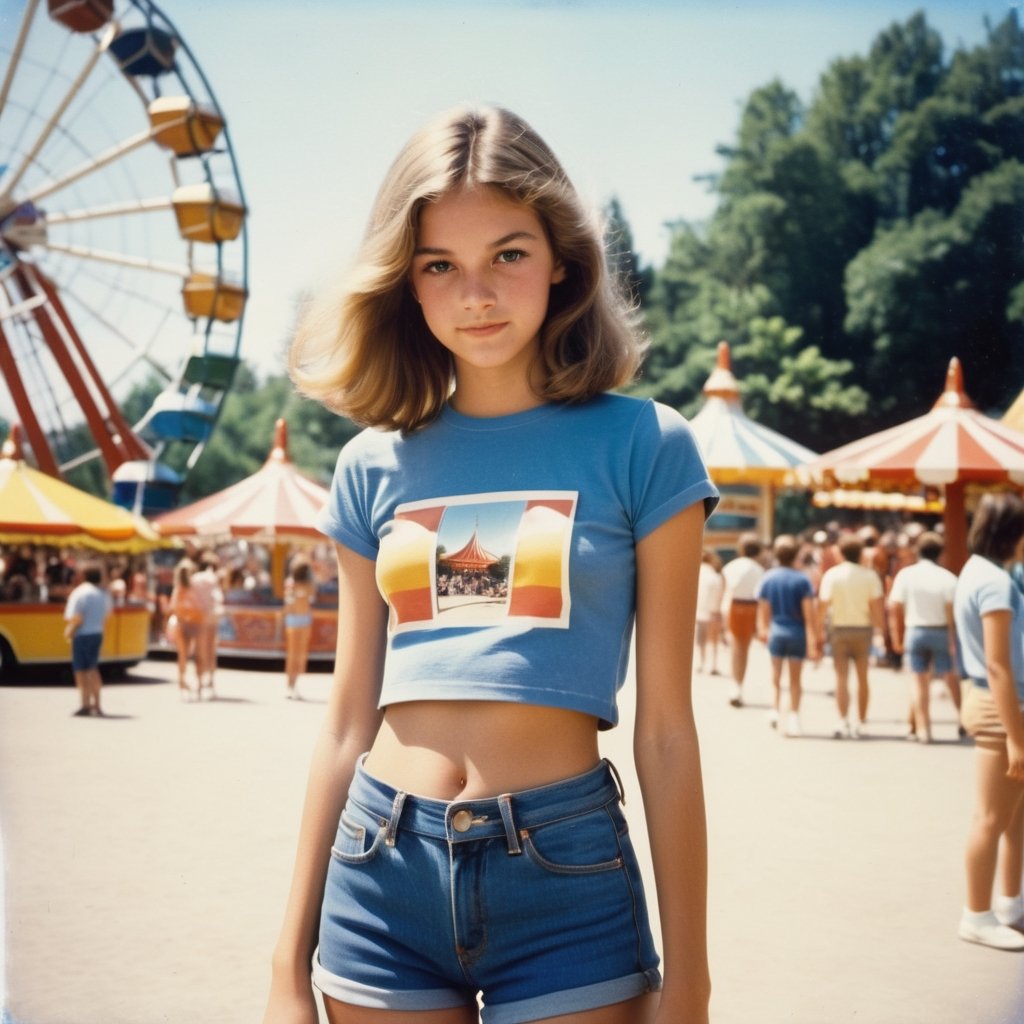 A Photorealistic, photorealism, Realistic 1970s Polaroid photo of a heavenly beauty, beautiful, short, skinny ,top heavy, (1970s) teenage girl wearing blue jean shorts and a midriff T-shirt, standing in a amusement park,                          