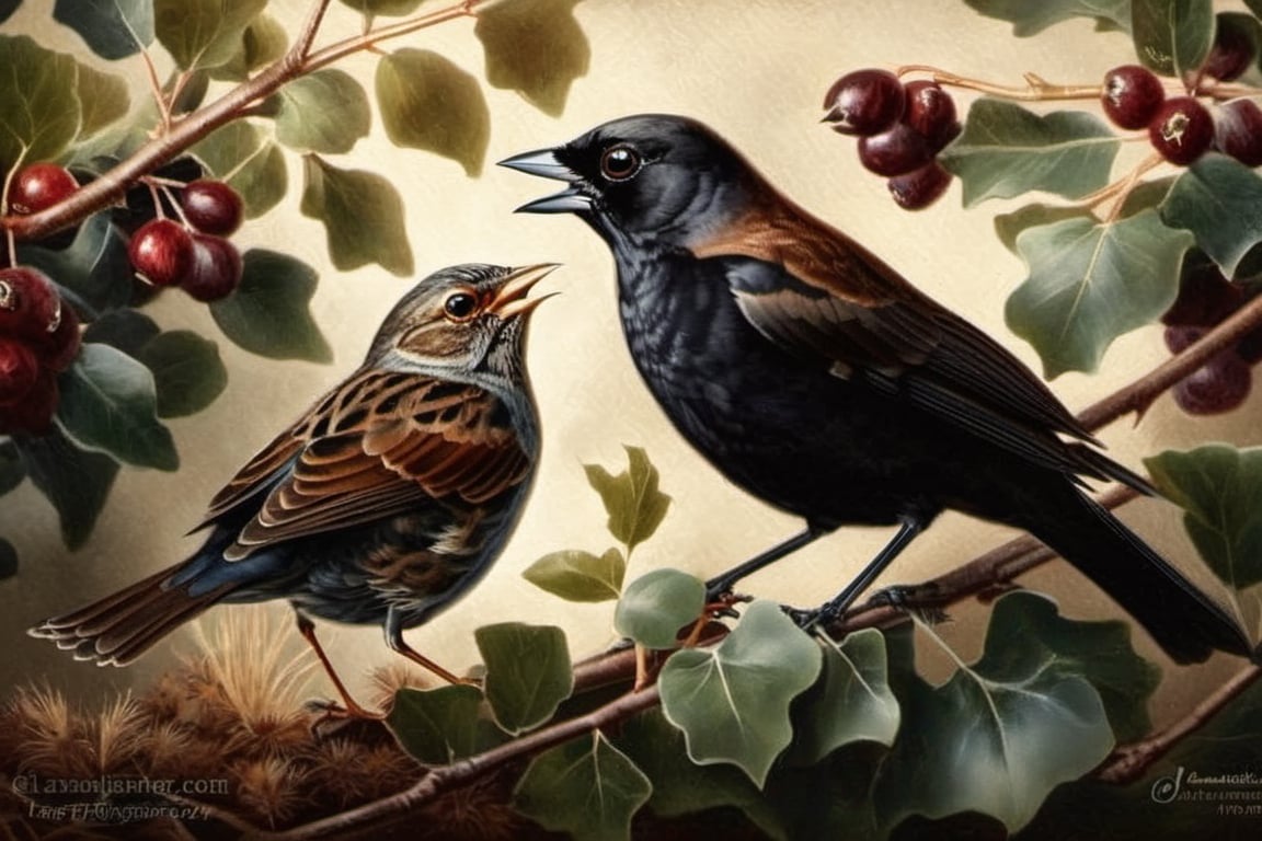 A blackbird meeting  a sparrow under a bush in the garden, moody lighting, dark palette,  high resolution and contrast,  intricately textured and extremely detailed,  detailmaster2,  ray tracing shadows,  side lighting,  ultra quality ,Digital painting ,Leonardo Style,Pomological Watercolor