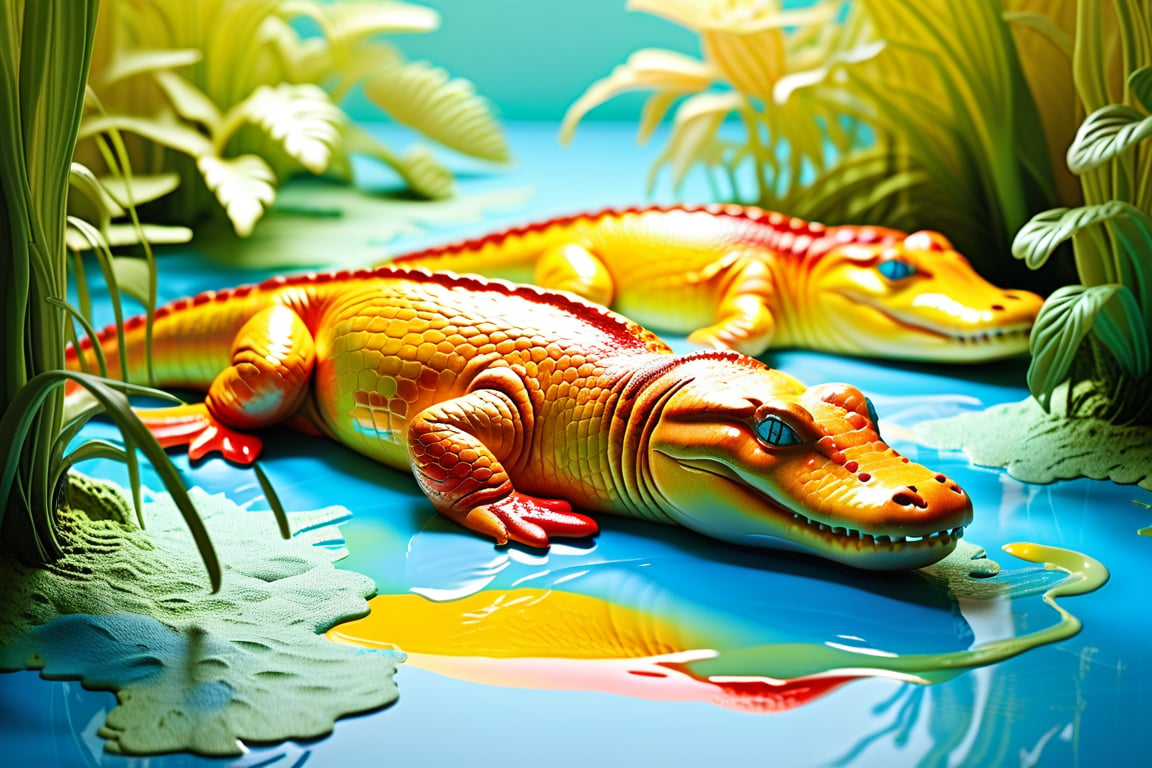 (((Relief sculpture)))_(((Colour photography)))_(((Art photography, masterpiece)))_(((the photograph of a landscape with walking crocodiles pressed altogether of creme toothpaste coloured by green,blue, yellow, red filtered spot lights, sort of half-relief:1.7))), volumetric lighting,  dark palette, 28mm, t1/250, f14,  deep focus, high resolution and contrast and colour contrast,  intricately textured and extremely subtle detailed,  detailmaster2, side-light,  ultra quality,  fine artwork , Raw Photo