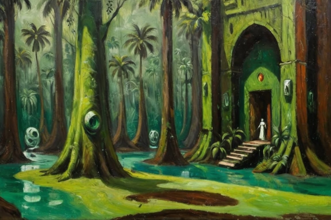 A surrealistic oil paint reminiscenting rainforest life, structures and textures intermingle, it's also concrete as fantastical, no erspective, 1 image plane, extra dark palette of greens and browns, masterpiece,  ultra quality,  fine artwork inspired  by Max Ernst's works 