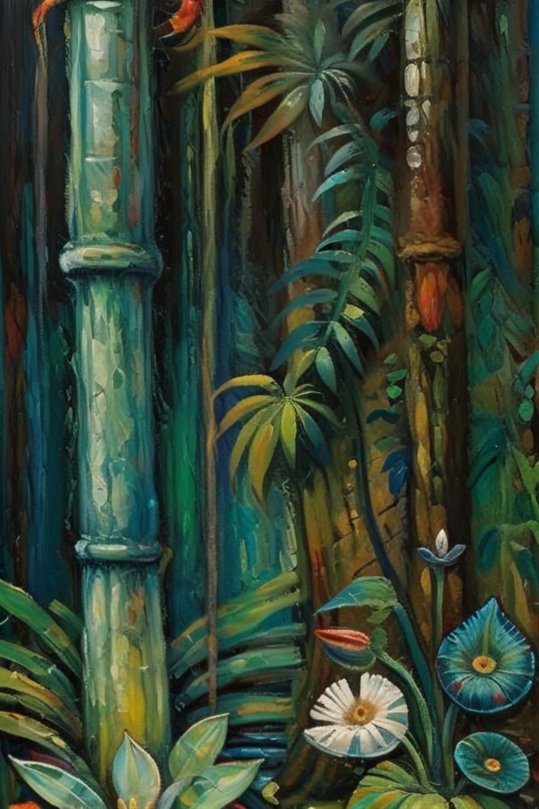 A surrealistic oil paint reminiscenting rainforest life, structures and textures intermingle, it's also concrete as fantastical, no erspective, 1 image plane, extra dark palette of greens and browns, masterpiece,  ultra quality,  fine artwork inspired  by Max Ernst's works 