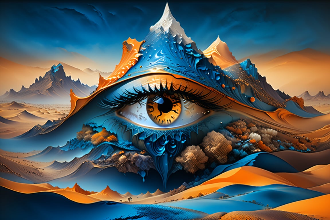 Some surrealistic dream world with eyes as mountains and blue desert with translucent  Bedouins , light-orange background,  drop shadows,  ultra quality,  fine artwork,  dark palette,  high resolution and contrast and colour contrast,  intricately textured and extremely subtle detailed,  detailmaster2,  side-light,  