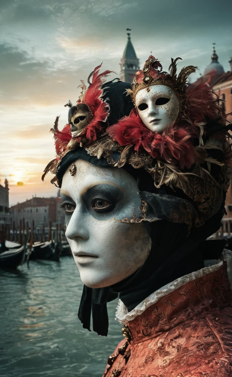 An infrared double-exposure  first shot the sunrise over a canale in Venice second shot 1 male and 1 female vis-a-vis in classical venetian carnival masking,  high resolution and contrast and colour contrast,  intricately textured and extremely subtle detailed,  detailmaster2,  backlight,  ultra quality,  fine artwork 