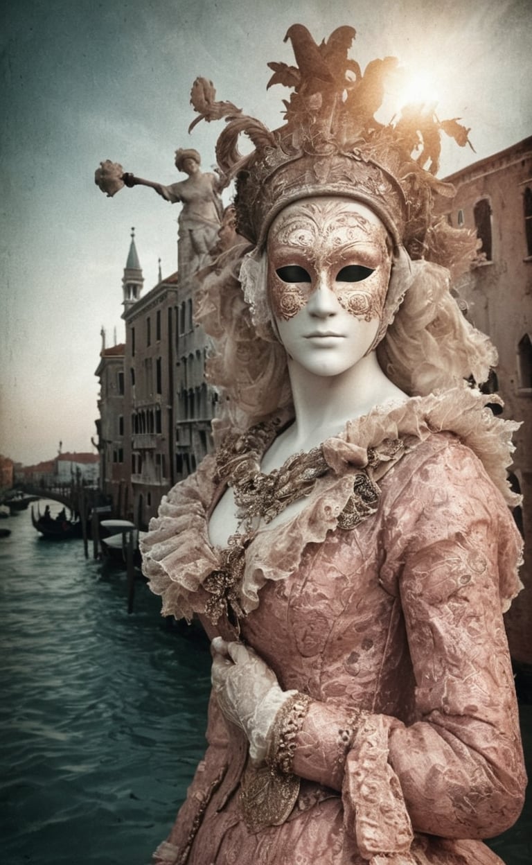 An infrared double-exposure  first shot the sunrise over a canale in Venice second shot 1 male and 1 female vis-a-vis in classical venetian carnival masking,  high resolution and contrast and colour contrast,  intricately textured and extremely subtle detailed,  detailmaster2,  backlight,  ultra quality,  fine artwork 