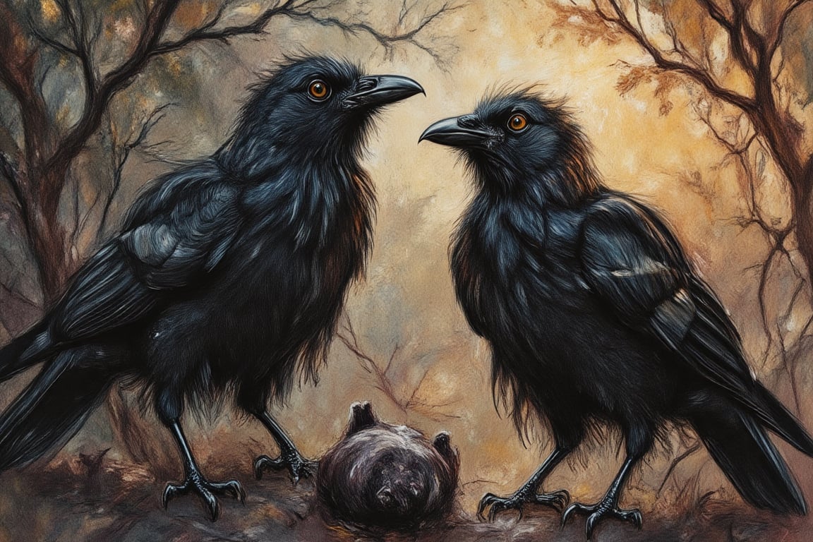 (((Coloured Pencil drawing, masterpiece)))_(((crows picking on dead bats in the early morning:1.7)))_volumetric lighting, dramatic atmosphere, dark palette, 28mm, t1/250, f14,  deep focus, high resolution and contrast and colour contrast,  intricately textured and extremely subtle detailed,  detailmaster2, side-light,  ultra quality,  fine artwork , Raw Photo