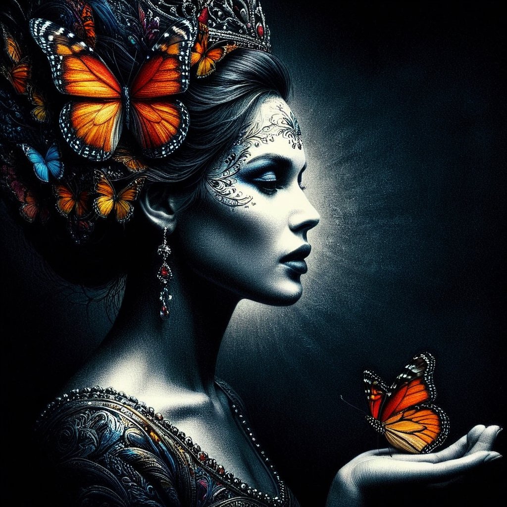 A woman , a queen who wishes becoming  a butterfly,  vivid palette,  moody lighting,  high resolution and contrast,  intricately textured and extremely detailed,  detailmaster2,  side-light,  best quality,  fine artwork,ink art