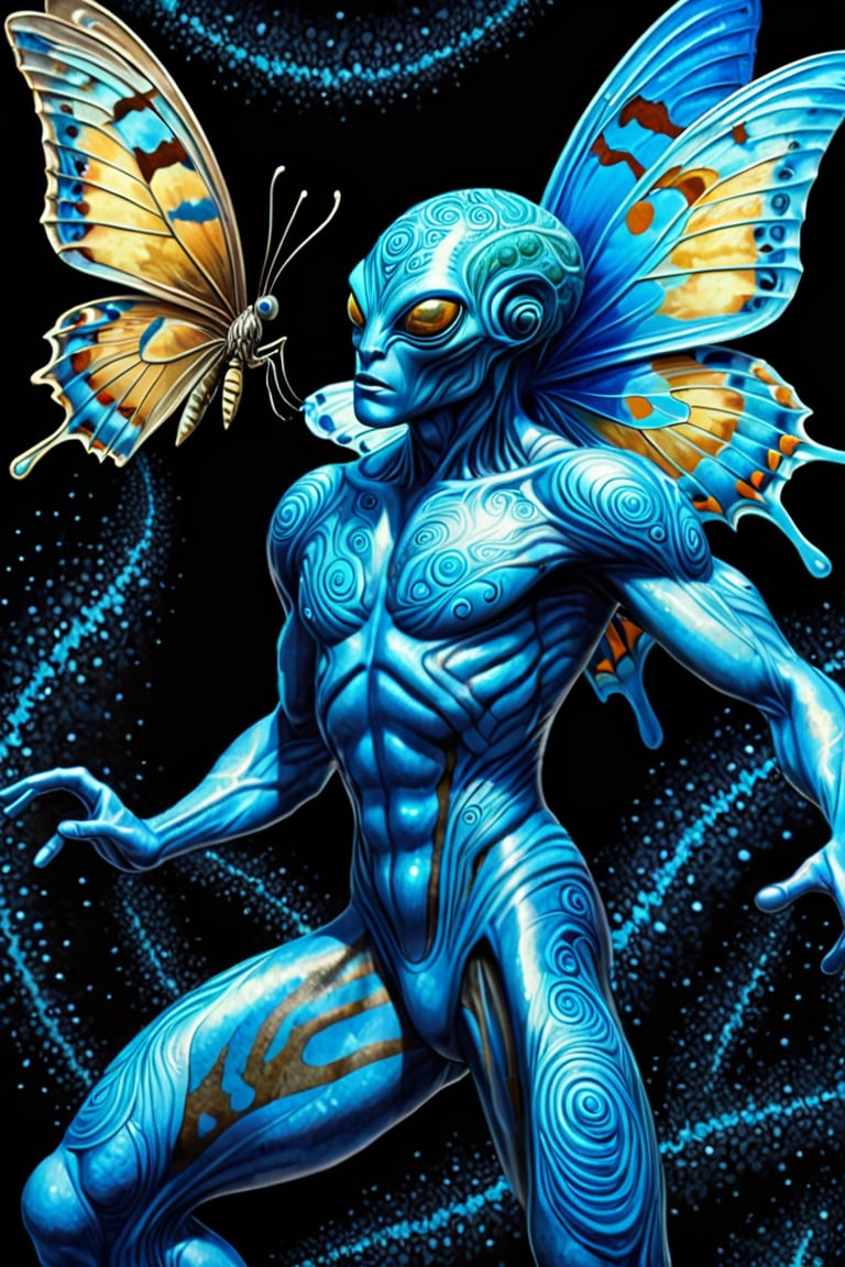 (Comic  Art) a male Alien with a blue swirled skin and amazing empathy for living organisms dances together with a butterfly,  dark palette, high  resolution and contrast and colour contrast,  intricately textured and extremely subtle detailed,  detailmaster2,  side-light,  ultra quality,  fine artwork 