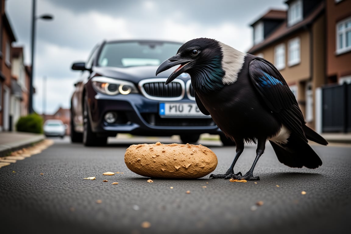 (((Black&white photography)))_(((Colour photography)))_(((Art photography, masterpiece)))_((( a naturalistic epic full-body view of a corvus corone cornix/Hooded  crow putting an old bread loaf before the wheels of a starting car1.7)))_(((sky background:1.3)))_volumetric lighting,  dark palette, 28mm, t1/250, f14,  deep focus, high resolution and contrast and colour contrast,  intricately textured and extremely subtle detailed,  detailmaster2, side-light,  ultra quality,  fine artwork , Raw Photo