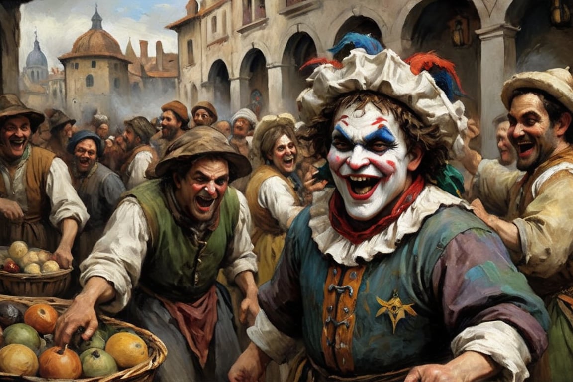 (Oil painting,  masterpiece Renaissance style) dramatic scene 2 angry grinning Harlekin dancing on a marketplace , first person view,  dark palette,  high resolution and contrast and colour contrast,  intricately textured and extremely subtle detailed,  detailmaster2,  side-light,  ultra quality,  fine artwork 