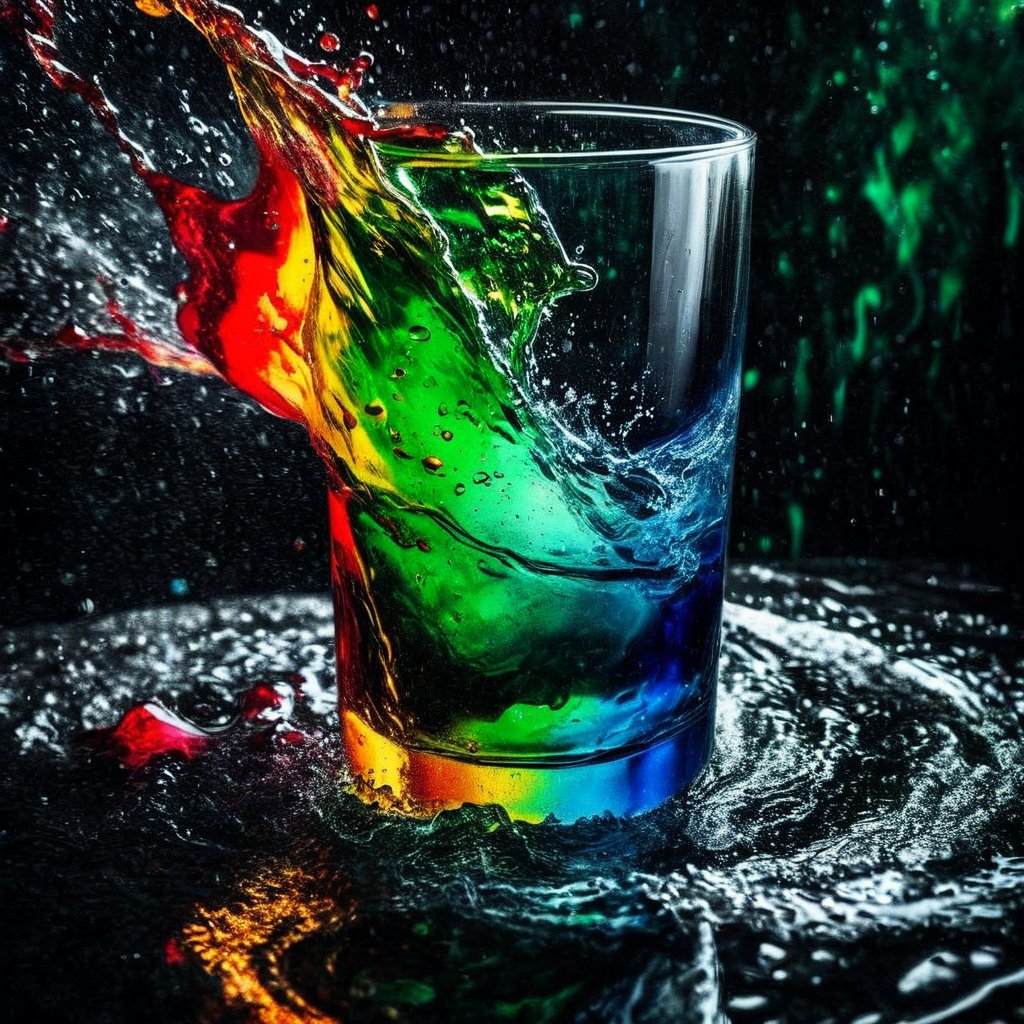 (((Black and white photography)))_(((Colour photography)))_(((Art photography, masterpiece)))_( an image filling glass with water,:1.5)_( red, blueyellow watercolour diffusing into the water in accelerated curvilinear perspective:1.7)_(in the backgrounda green figure:1.3)_(black and white  surroundings:1.2),  dark palette, 28mm, t1/250, f14,  deep focus, high resolution and contrast and colour contrast,  intricately textured and extremely subtle detailed,  detailmaster2,  backlight, dramatic  lighting, ultra quality,  fine artwork , Raw Photo