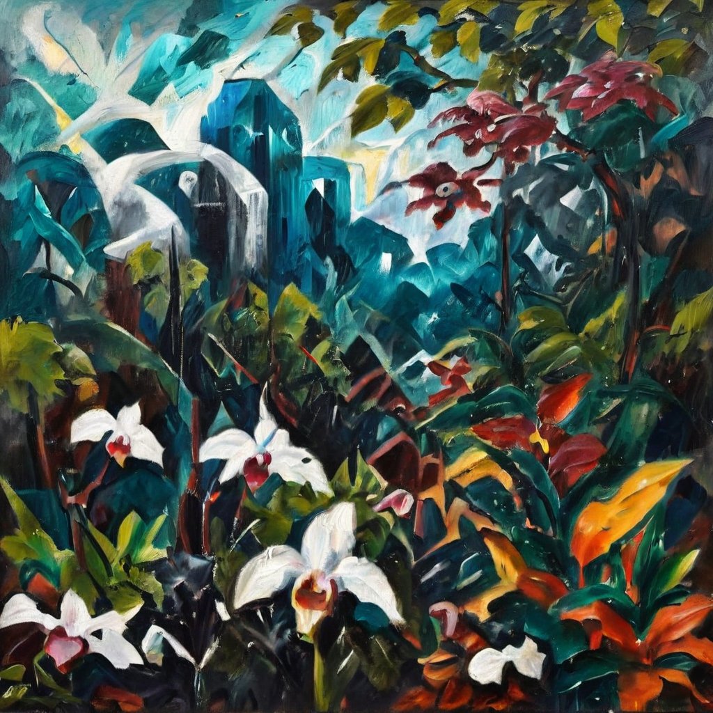 (Oil painting- Surrealistic rainforest scenery, Max Ernst's style) _ (abstract features brought together to plant- like structures:1.5)_( in the trees orchids and birds) extra dark palette, dark greens and dark browns, teal, white , dramatic lightning,  high resolution and contrast and colour contrast,  intricately textured and extremely subtle detailed,  detailmaster2,  ultra quality,  fine artwork detail XL