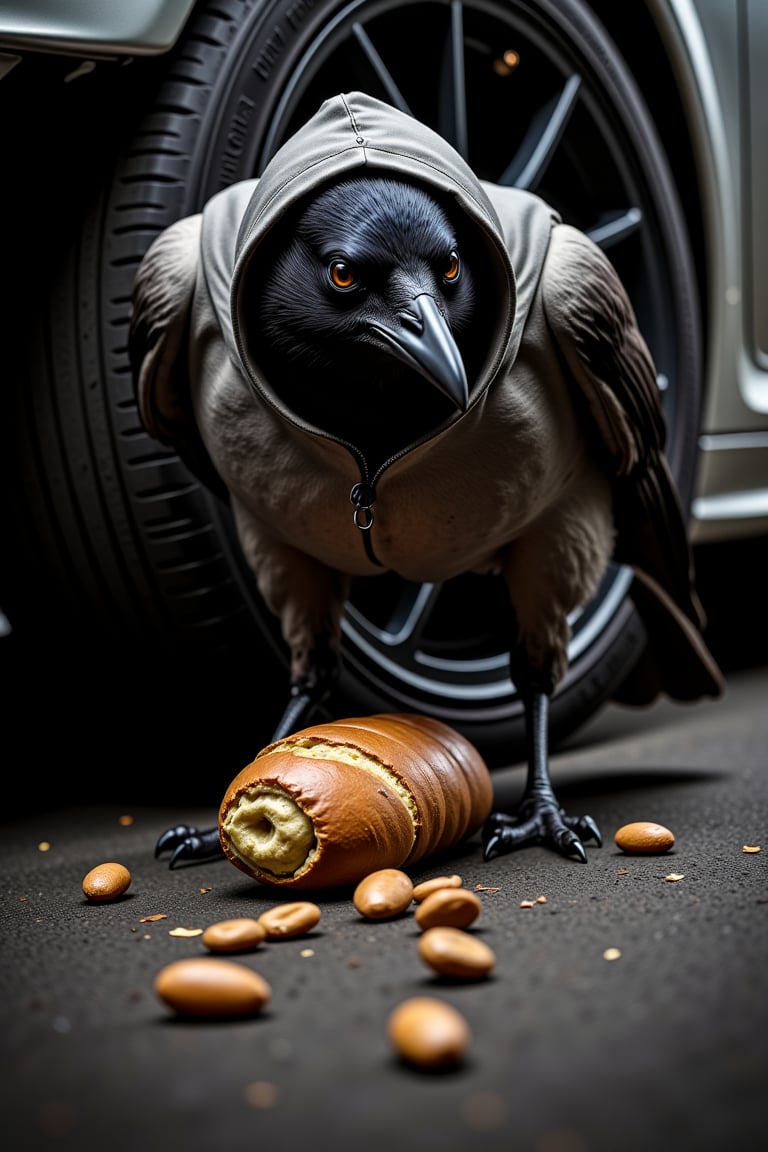 (((Black&white photography)))_(((Colour photography)))_(((Art photography, masterpiece)))_((( realistic epic full-body view of a Hooded  crow putting an old bread loaf before the wheels of a starting car1.7))), volumetric lighting,  dark palette, 28mm, t1/250, f14,  deep focus, high resolution and contrast and colour contrast,  intricately textured and extremely subtle detailed,  detailmaster2, side-light,  ultra quality,  fine artwork , Raw Photo