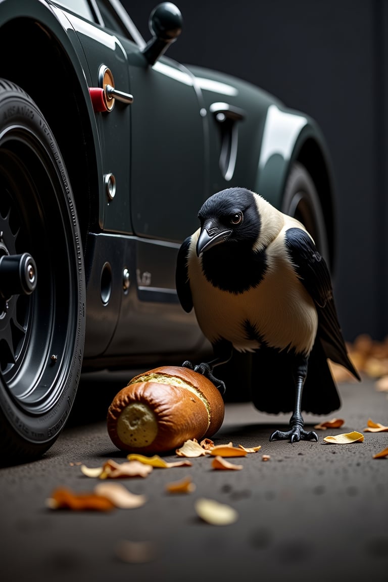 (((Black&white photography)))_(((Colour photography)))_(((Art photography, masterpiece)))_((( a naturalistic epic full-body view of a corvus corone cornix/Hooded  crow putting an old bread loaf before the wheels of a starting car1.7))), volumetric lighting,  dark palette, 28mm, t1/250, f14,  deep focus, high resolution and contrast and colour contrast,  intricately textured and extremely subtle detailed,  detailmaster2, side-light,  ultra quality,  fine artwork , Raw Photo