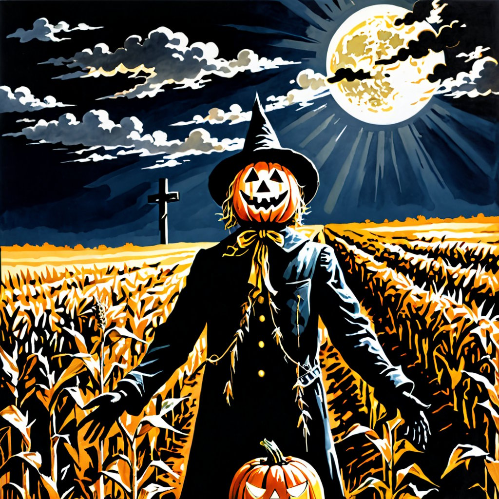 (((Colour photography)_(((Art photography, masterpiece)))_(((the photograph of Jack as Scarecrow within a dry corn field:1.7)))_(((a Jack-o-lantern:1.5)))_(((and the ghost of Jack at samhain by night:1.3)))_(((background, grassy plain all over in naturalistic colouring:1.3)))_(((in the sky fantastically formed clouds:1.3)))_volumetric lighting, dramatic atmosphere, dark palette, 28mm, t1/250, f14,  deep focus, high resolution and contrast and colour contrast,  intricately textured and extremely subtle detailed,  detailmaster2, side-light,  ultra quality,  fine artwork , Raw Photo