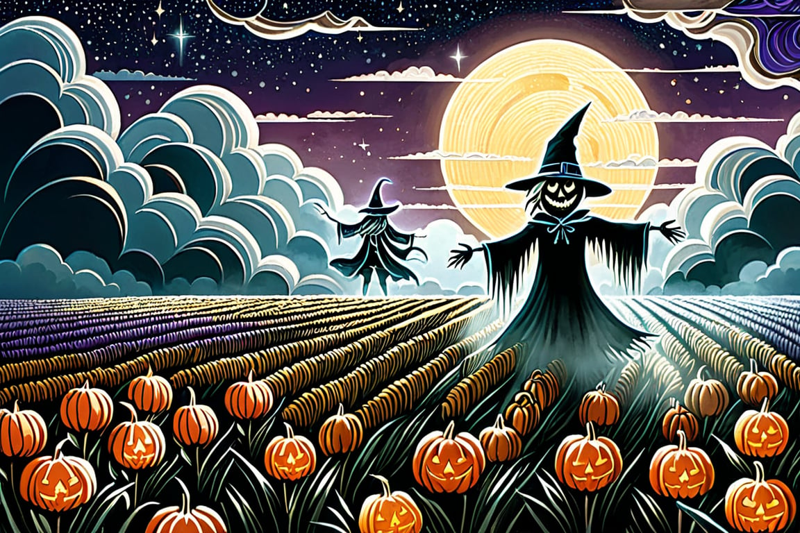 (((Colour painting)_(((Art painting, masterpiece)))_(((the painting of Jack as Scarecrow within a dry corn field:1.7)))_(((a Jack-o-lantern:1.5)))_(((and the ghost of Jack at samhain by night:1.3)))_(((background, grassy plain all over in violet/indigo/tan:1.3)))_(((in the sky fantastically formed clouds:1.3)))_volumetric lighting, dramatic atmosphere, dark palette, 28mm, t1/250, f14,  deep focus, high resolution and contrast and colour contrast,  intricately textured and extremely subtle detailed,  detailmaster2, side-light,  ultra quality,  fine artwork , Raw Photo