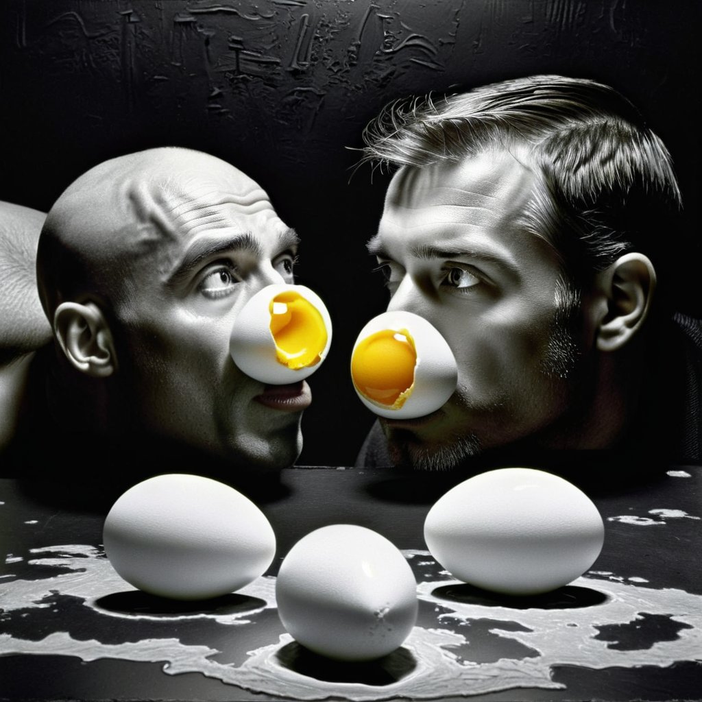 (Art photography,  masterpiece) ((monochrome photography,  black/white) tan /grey  background) (a couple of people in a surrealist bar atmosphere play with eggs and cucumbers,  in the style of Irving Penn) dark  palette, high resolution and contrast and colour contrast,  intricately textured and extremely subtle detailed,  detailmaster2,  side-light,  ultra quality,  fine artwork