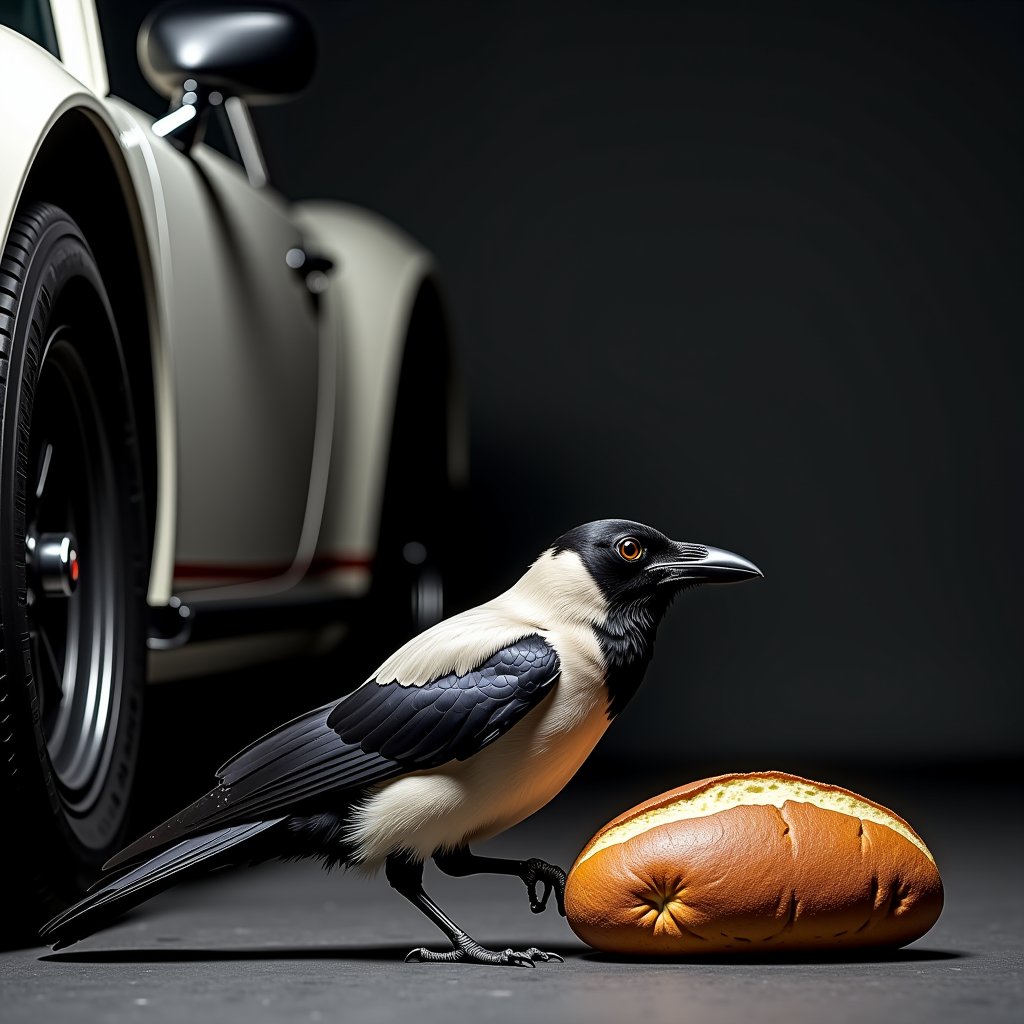 (((Black&white photography)))_(((Colour photography)))_(((Art photography, masterpiece)))_((( a naturalistic epic full-body view of a corvus corone cornix/Hooded  crow putting an old bread loaf before the wheels of a starting car1.7))), volumetric lighting,  dark palette, 28mm, t1/250, f14,  deep focus, high resolution and contrast and colour contrast,  intricately textured and extremely subtle detailed,  detailmaster2, side-light,  ultra quality,  fine artwork , Raw Photo