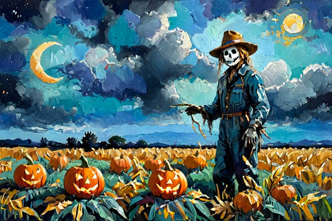 (((Colour painting)_(((Art painting, masterpiece)))_(((the painting of a Scarecrow within a dry corn field:1.7)))_(((a Jack-o-lantern:1.5)))_(((and the ghost of Jack at samhain by night:1.3)))_(((background, grassy plain all over in teal/indigo/tan:1.3)))_(((in the sky fantastically formed clouds:1.3)))_volumetric lighting, dramatic atmosphere, dark palette, 28mm, t1/250, f14,  deep focus, high resolution and contrast and colour contrast,  intricately textured and extremely subtle detailed,  detailmaster2, side-light,  ultra quality,  fine artwork , Raw Photo