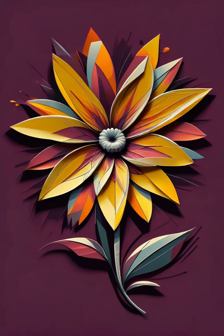 (Minimalism) an endless  surrealistic maroon background with a one-line sketch of a surrealistic fantasy flower threetone orange/yellow/dark scarlet, the flower made more complicated by petals partly overlaying each other , dark palette, high resolution and contrast and colour contrast,  intricately textured and extremely subtle detailed,  detailmaster2,  side-light,  ultra quality,  fine artwork 