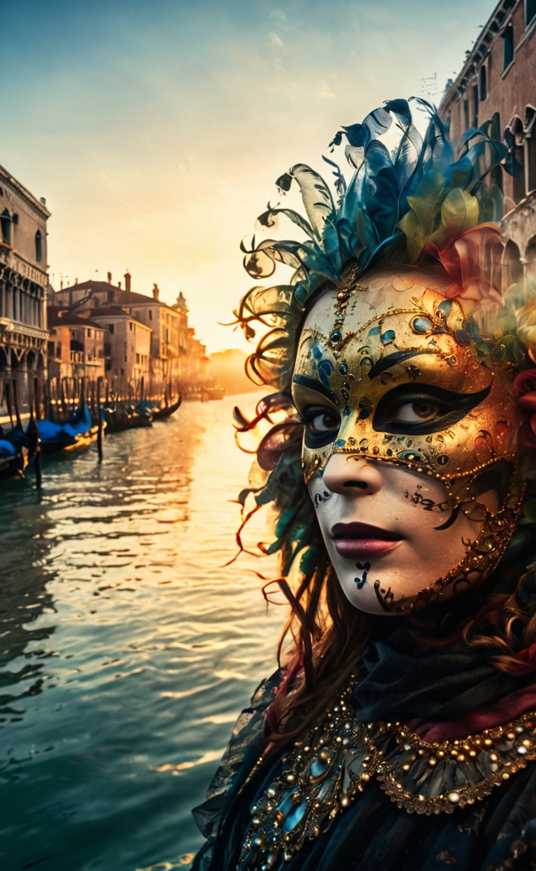 A double-exposure  first the sunrise over a canale in Venice second people in venetian carnival make up,  high resolution and contrast and colour contrast,  intricately textured and extremely subtle detailed,  detailmaster2,  backlight,  ultra quality,  fine artwork 