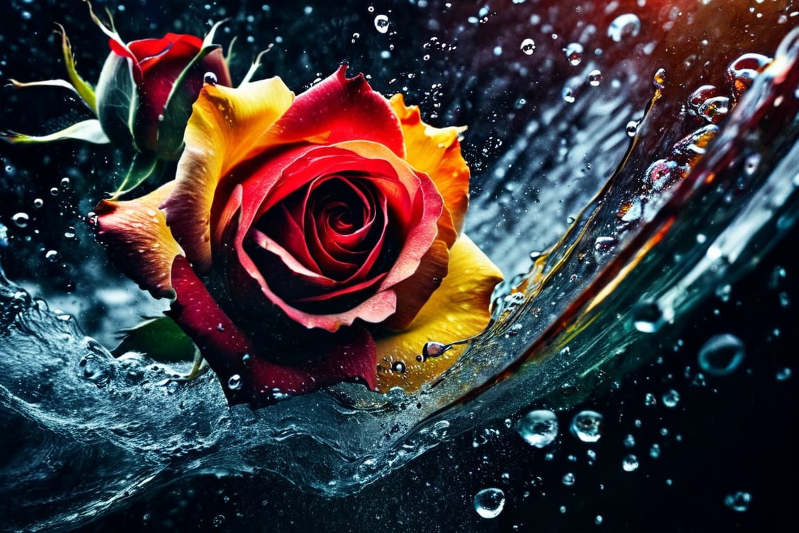 (((Black and white photography)))_(((Colour photography)))_(((Art photography, masterpiece)))_( an image filling glass with water,:1.5)_( red, blueyellow watercolour diffusing into the water in accelerated curvilinear perspective:1.7)_(in the foreground are red, yellow and orange roses:1.5)_(in the background green figure:1.3)_(black and white  surroundings:1.2),  dark palette, 28mm, t1/250, f14,  deep focus, high resolution and contrast and colour contrast,  intricately textured and extremely subtle detailed,  detailmaster2,  backlight, dramatic  lighting, ultra quality,  fine artwork , Raw Photo