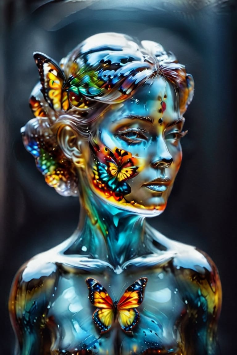 A woman , a queen who wishes becoming  a butterfly,  vivid palette,  moody lighting,  high resolution and contrast,  intricately textured and extremely detailed,  detailmaster2,  side-light,  best quality,  fine artwork,ink art,Clear Glass Skin