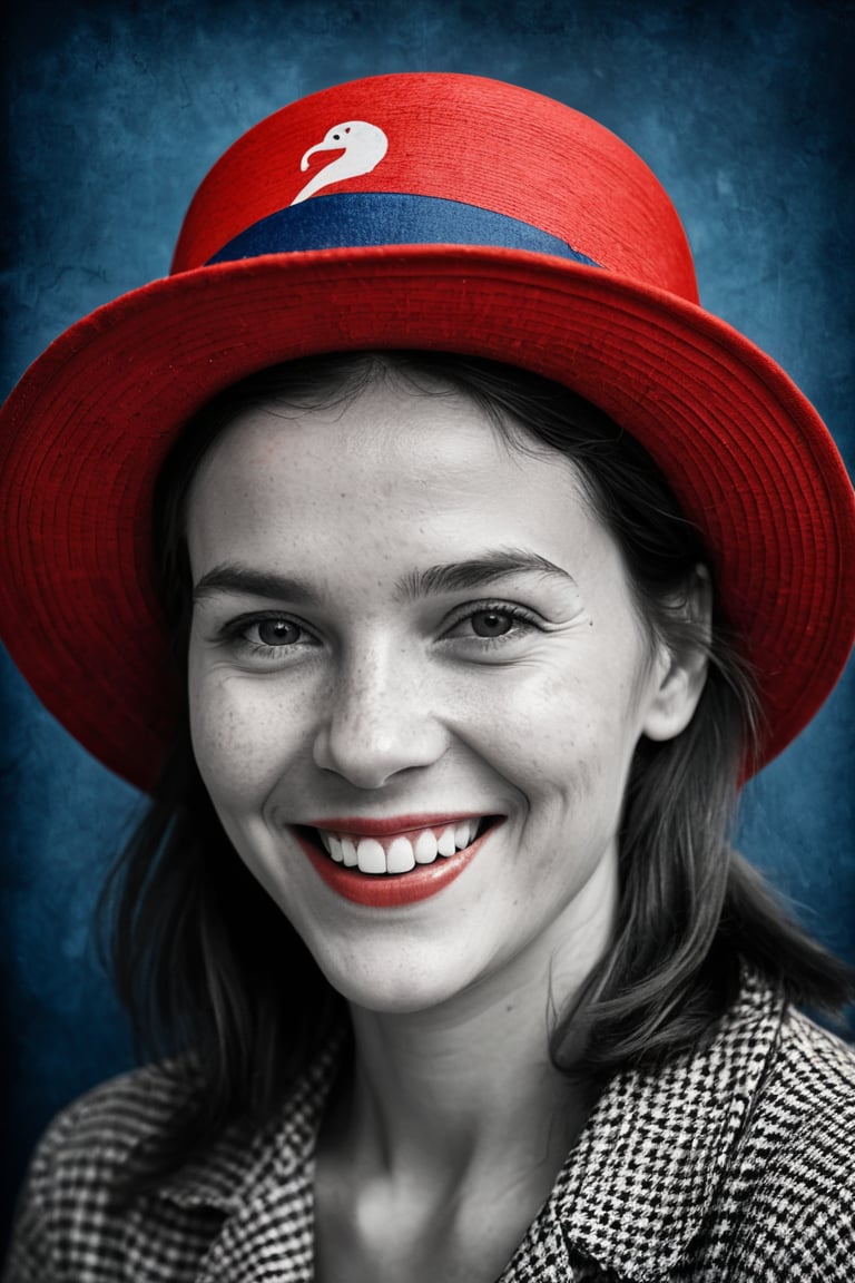  (photographic artwork) (((monochrome  image 70s style black and white) and red ), indigo background)  a full-body  portrait  of a grinning  lady with a red hat in a zoo, dark palette , transparent  fading,  resolution and contrast and colour contrast,  intricately textured and extremely subtle detailed,  detailmaster2,  side-light,  ultra quality,  fine artwork 