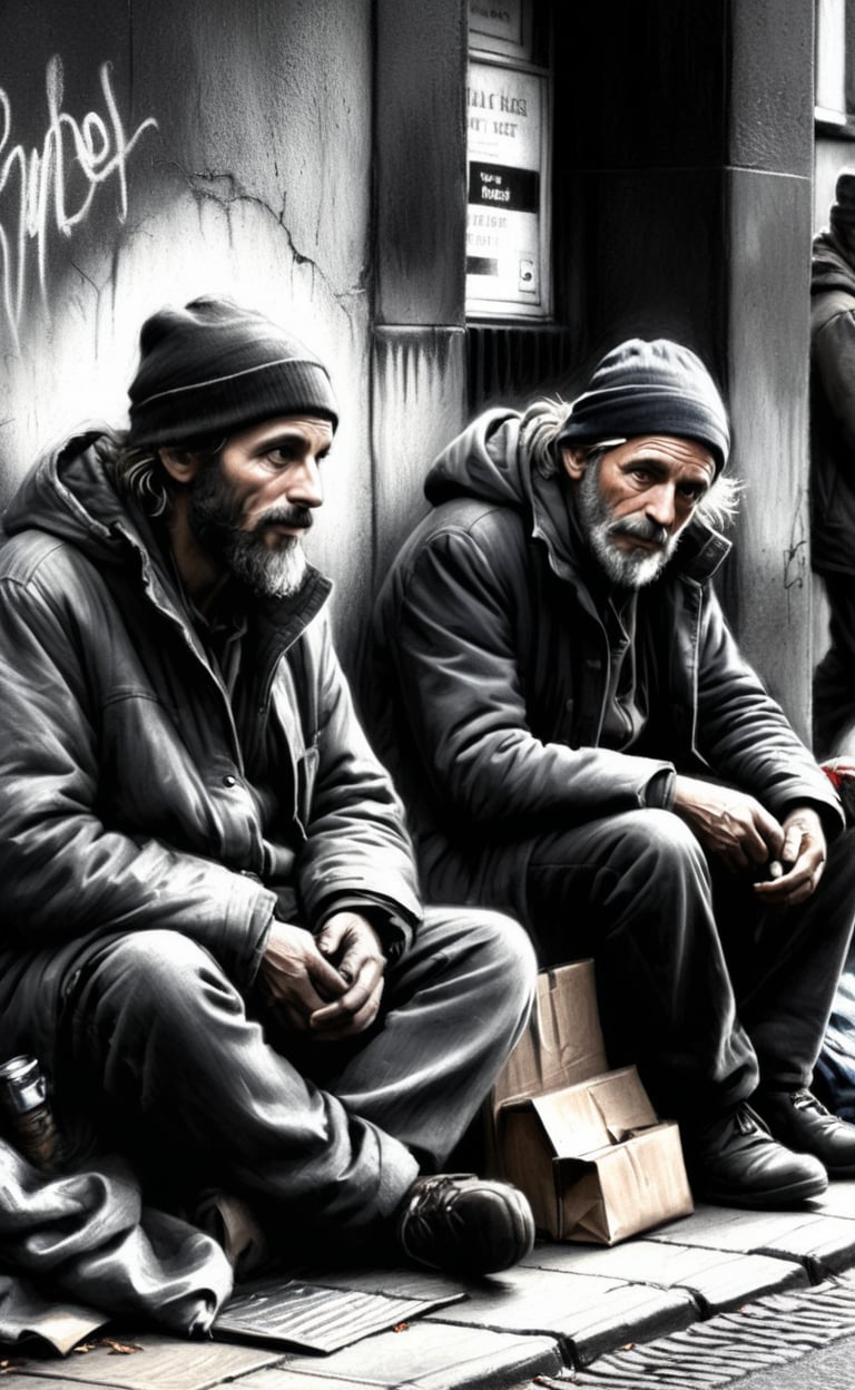 (CharcoalDarkStyle drawing) 3 homeless persons hanging around in town begging, dark palette,  high resolution and contrast and colour contrast,  intricately textured and extremely subtle detailed,  detailmaster2,  side-light,  epic,  ultra quality,  fine artwork ,CharcoalDarkStyle