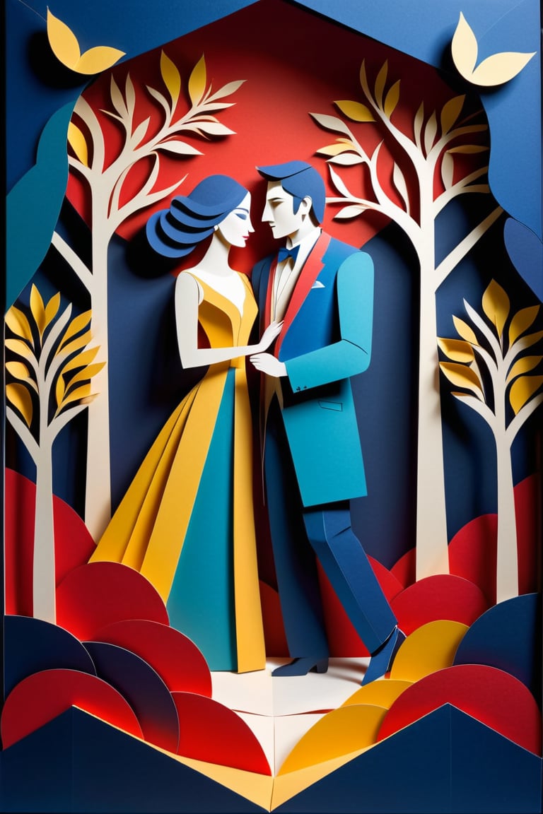 (Kirigami-paper cut) a modern art abstract cubistic love duett 1 male singer 1 female singeron opera stage in fine Kirigami technique ,red, indigo, indian yellow,  tan, white, chartreuse, cyan papers, dark palette,  high resolution and contrast and colour contrast,  intricately textured and extremely subtle detailed,  detailmaster2,  side-light,  ultra quality,  fine artwork 