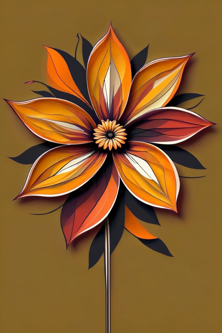 (Minimalism) an endless  surrealistic background with a one-line sketch of a surrealistic fantasy flower threetone orange/yellow/dark scarlet, the flower made more complicated by petals partly overlaying each other , dark palette, high resolution and contrast and colour contrast,  intricately textured and extremely subtle detailed,  detailmaster2,  side-light,  ultra quality,  fine artwork 