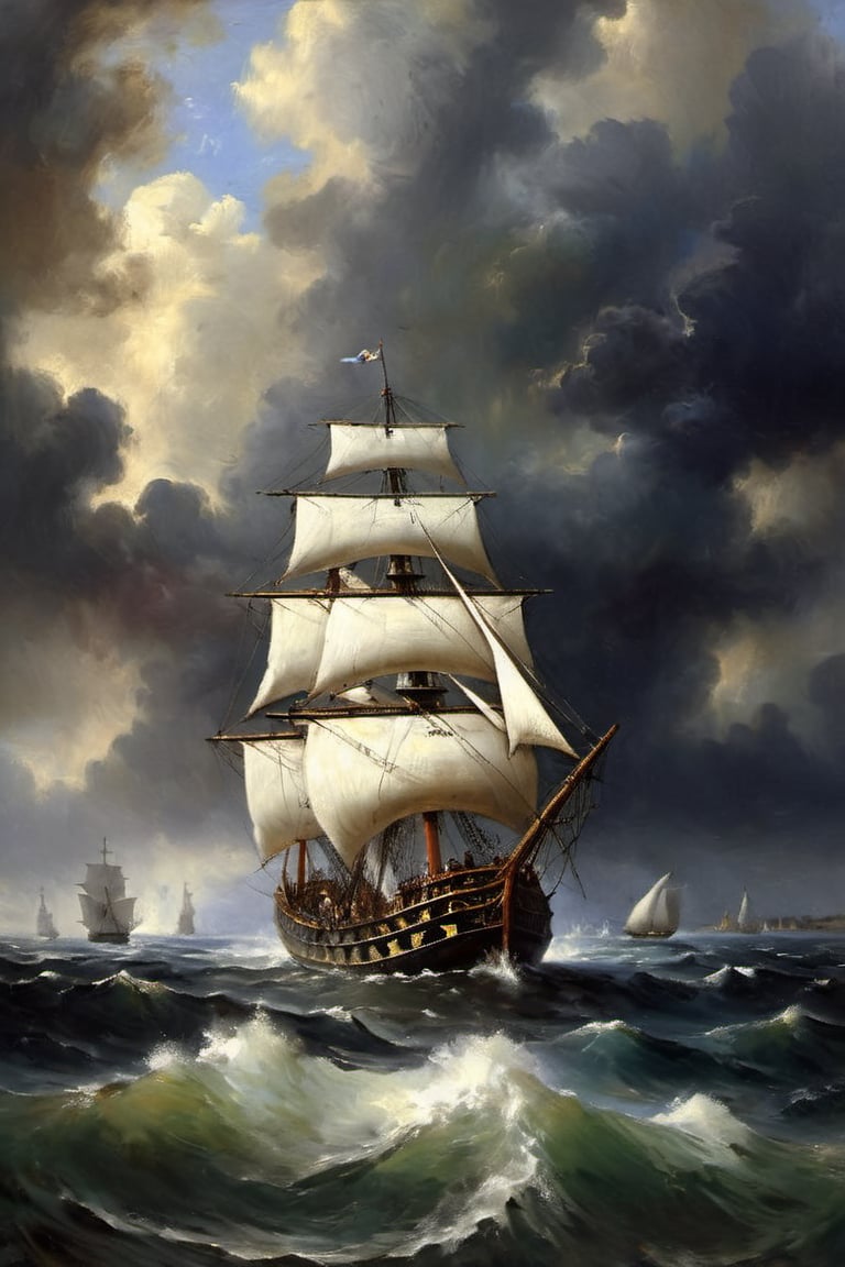 (Oil painting,  masterpiece 16s century) dramatic scene,  inmidst of a storm a cap sizing sailing ship, epic view,  dark palette,  high resolution and contrast and colour contrast,  intricately textured and extremely subtle detailed,  detailmaster2,  side-light,  ultra quality,  fine artwork 