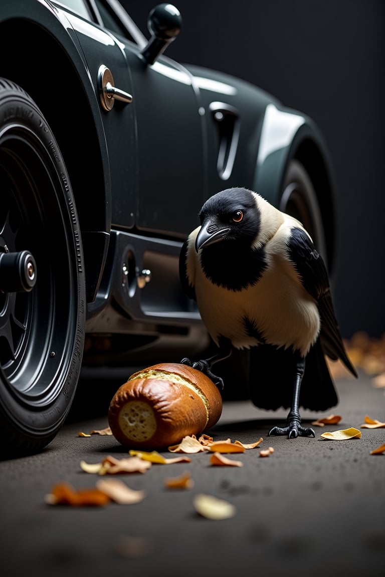 (((Black&white photography)))_(((Colour photography)))_(((Art photography, masterpiece)))_((( a naturalistic epic full-body view of a corvus corone cornix/Hooded  crow putting an old bread loaf before the wheels of a starting car1.7))), volumetric lighting,  dark palette, 28mm, t1/250, f14,  deep focus, high resolution and contrast and colour contrast,  intricately textured and extremely subtle detailed,  detailmaster2, side-light,  ultra quality,  fine artwork , Raw Photo