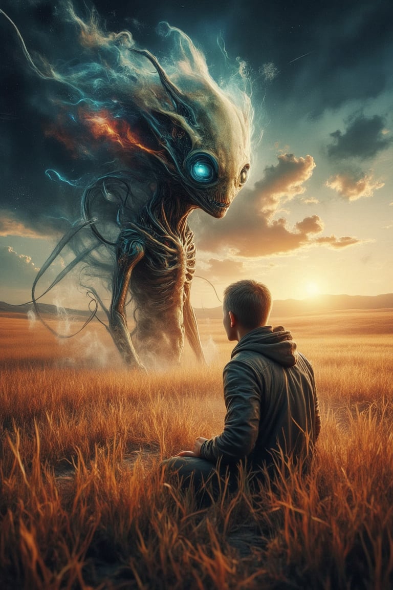 (((Coloured Pencil drawing, masterpiece)))_(((A cyberpunk style alien meeting Jack the ghost  in the early morning on an open field:1.7)))_volumetric lighting, dramatic atmosphere, dark palette, 28mm, t1/250, f14,  deep focus, high resolution and contrast and colour contrast,  intricately textured and extremely subtle detailed,  detailmaster2, side-light,  ultra quality,  fine artwork , Raw Photo