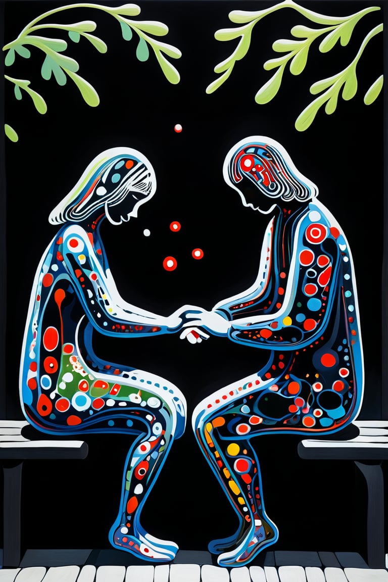 (Minimalism) a Yayoi Kusama style minimalist painting of 2 young lovers sitting and holding hands on a parc bench, dark palette,  high resolution and contrast and colour contrast,  intricately textured and extremely subtle detailed,  detailmaster2,  side-light,  ultra quality,  fine artwork 