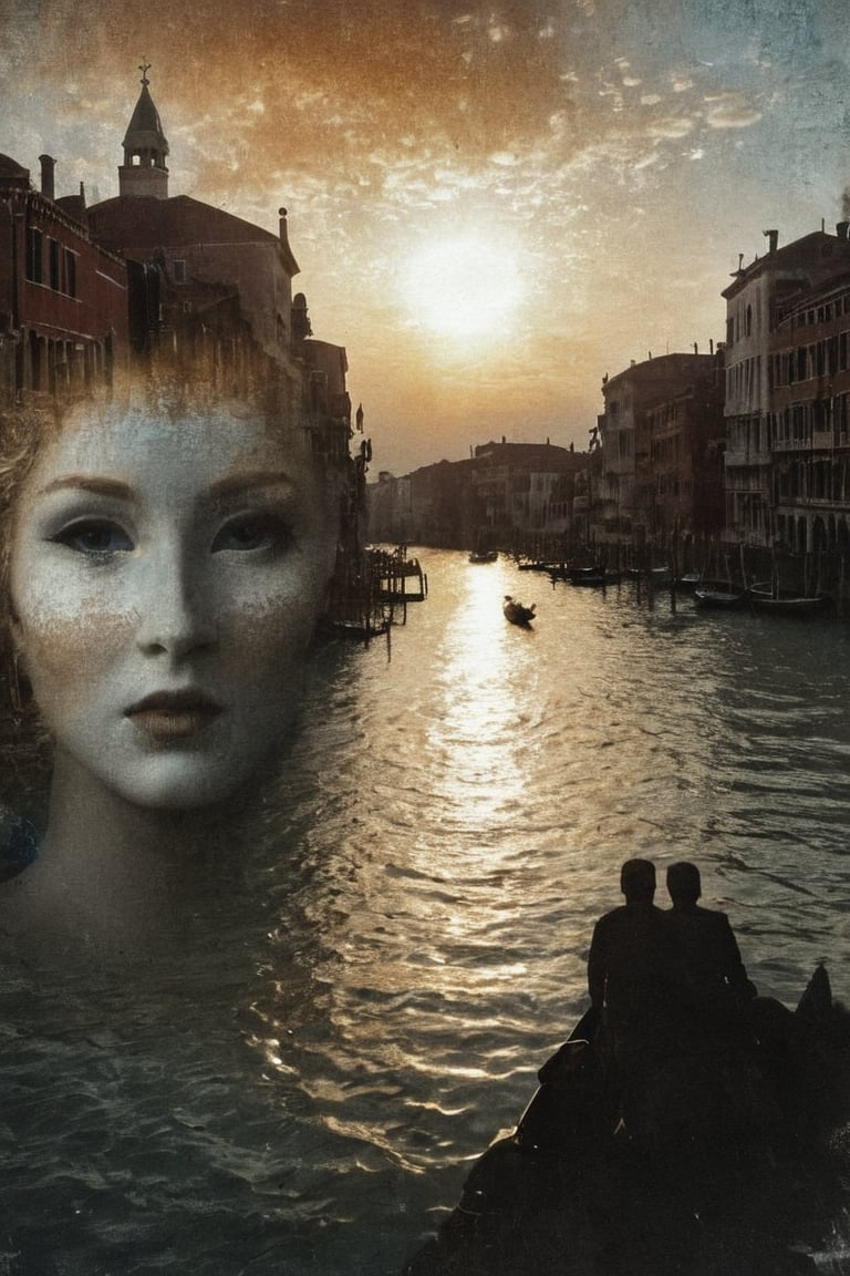 An infrared double-exposure  first shot the sunrise over a canale in Venice second shot 1 male and 1 female vis-a-vis in classical venetian carnival masking,  high resolution and contrast and colour contrast,  intricately textured and extremely subtle detailed,  detailmaster2,  backlight,  ultra quality,  fine artwork 