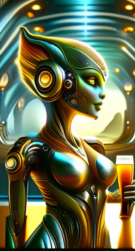 A very slim kind of feminine attractive scifi and tech creature of Venus is drinking her pint of beer on the bar in a pub and flirting with the man behind the bar, high resolution and contrast and colour contrast,  intricately textured and scifi, extremely subtle detailed, detailmaster2,  side-light,  ultra quality,  fine artwork ,DonMX3n0T3chXL