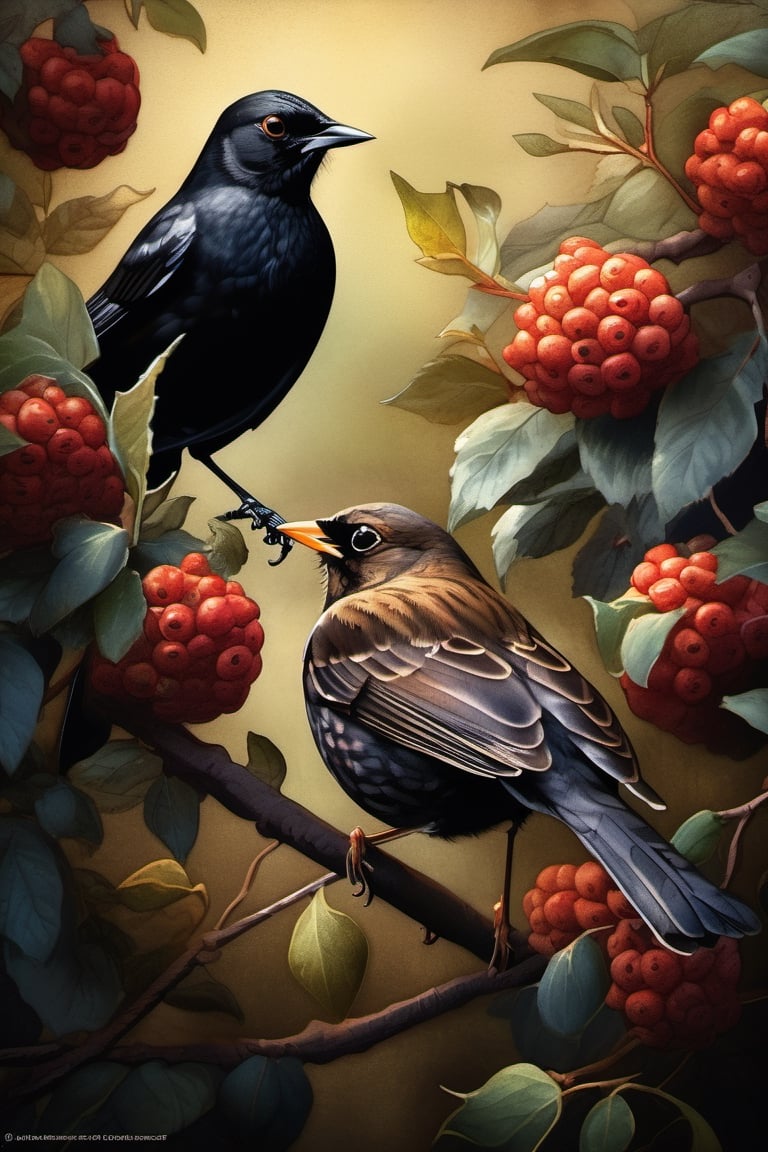 A blackbird meeting  a sparrow under a bush in the garden, moody lighting, dark palette,  high resolution and contrast,  intricately textured and extremely detailed,  detailmaster2,  ray tracing shadows,  side lighting,  ultra quality ,Digital painting ,Leonardo Style,Pomological Watercolor