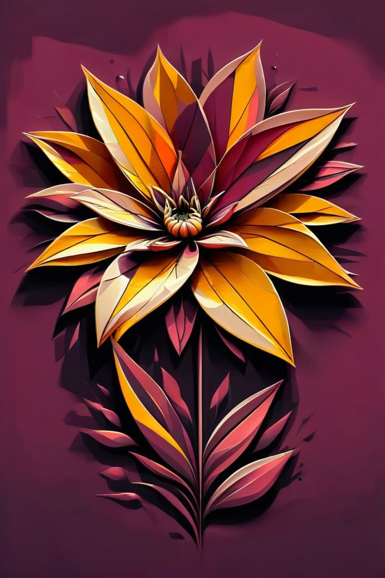 (Minimalism) an endless  surrealistic maroon room with a one-line sketch of a surrealistic fantasy flower threetone orange/yellow/dark scarlet, the flower made more complicated by petals partly overlaying each other , dark palette, high resolution and contrast and colour contrast,  intricately textured and extremely subtle detailed,  detailmaster2,  side-light,  ultra quality,  fine artwork 